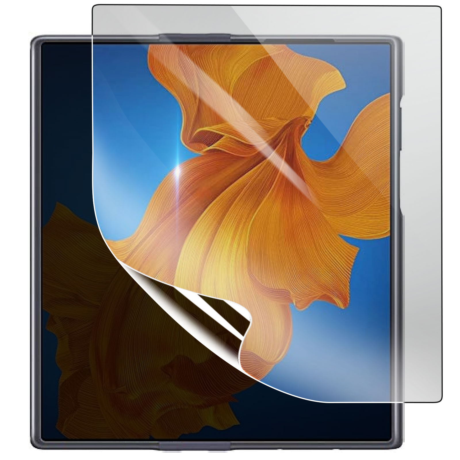 Un tablet con protezione schermo, mostra un design floreale. Protezione parzialmente staccata, sfondo cielo blu.