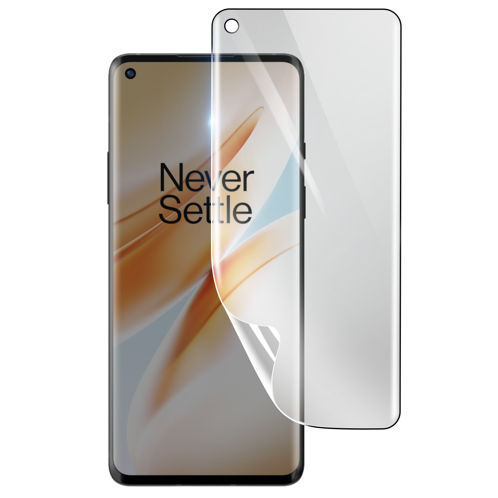Uno smartphone con una protezione per lo schermo in applicazione. Il telefono mostra 'Never Settle'.