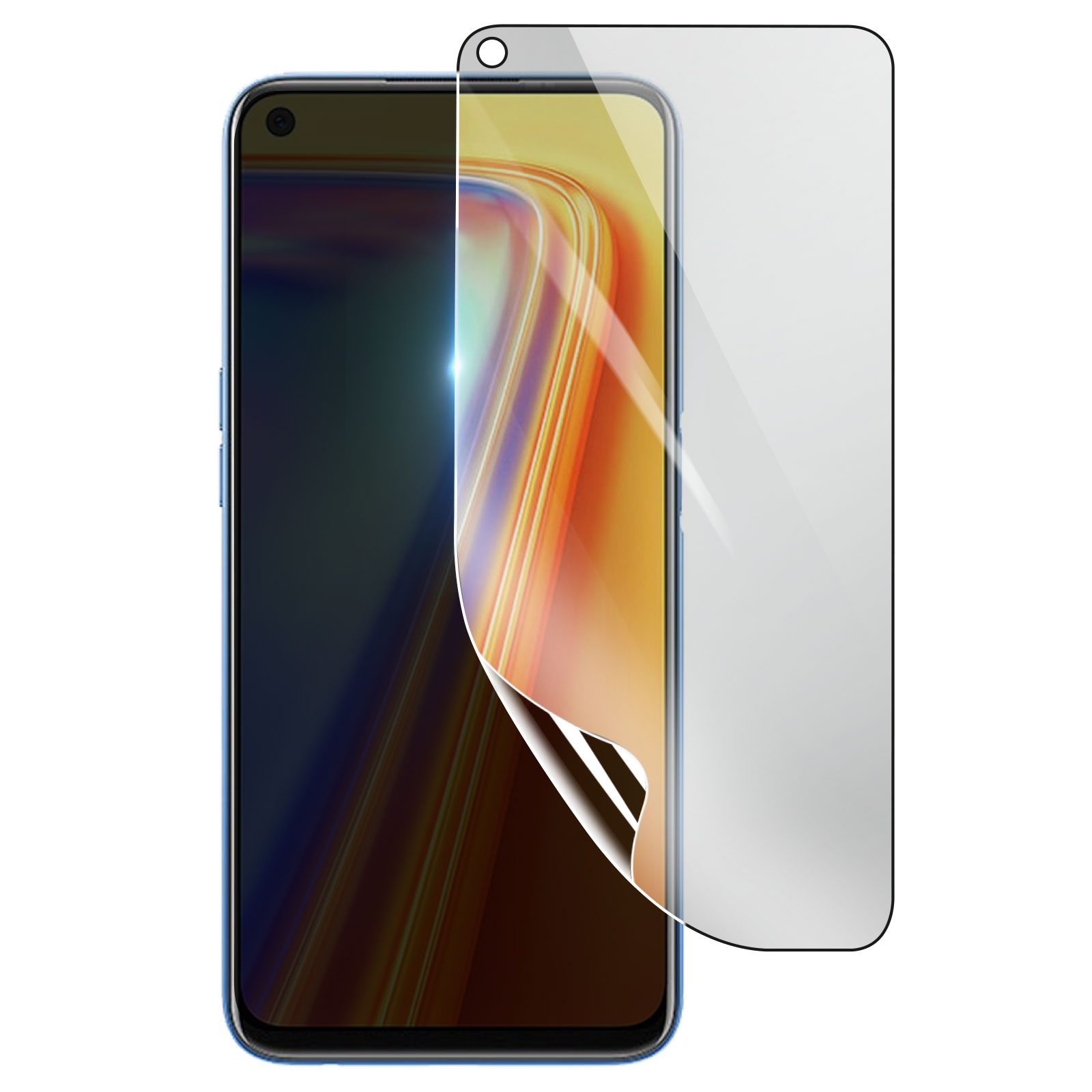 Uno smartphone con una protezione schermo che si stacca. Lo schermo mostra motivi colorati, la protezione è trasparente.