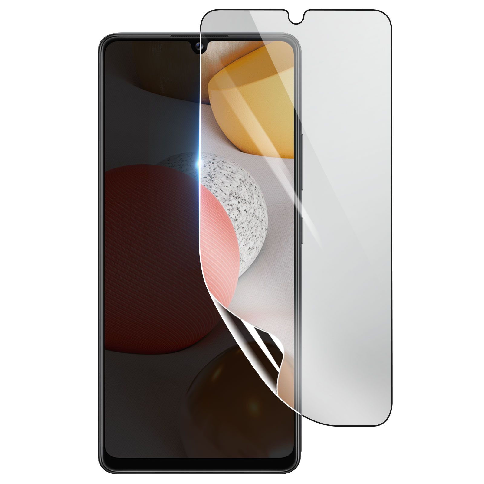 Uno smartphone con una protezione per lo schermo in fase di applicazione. La protezione si sta staccando, rivelando lo schermo del telefono.