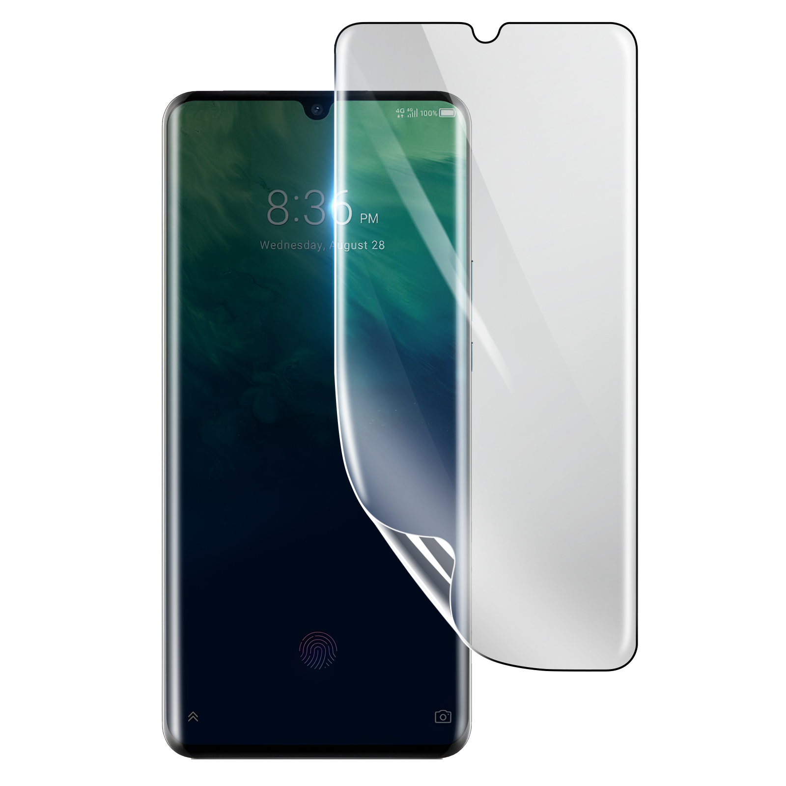 Uno smartphone con una protezione per lo schermo in applicazione. Lo schermo mostra ora, data e segnale. La protezione è parzialmente staccata.