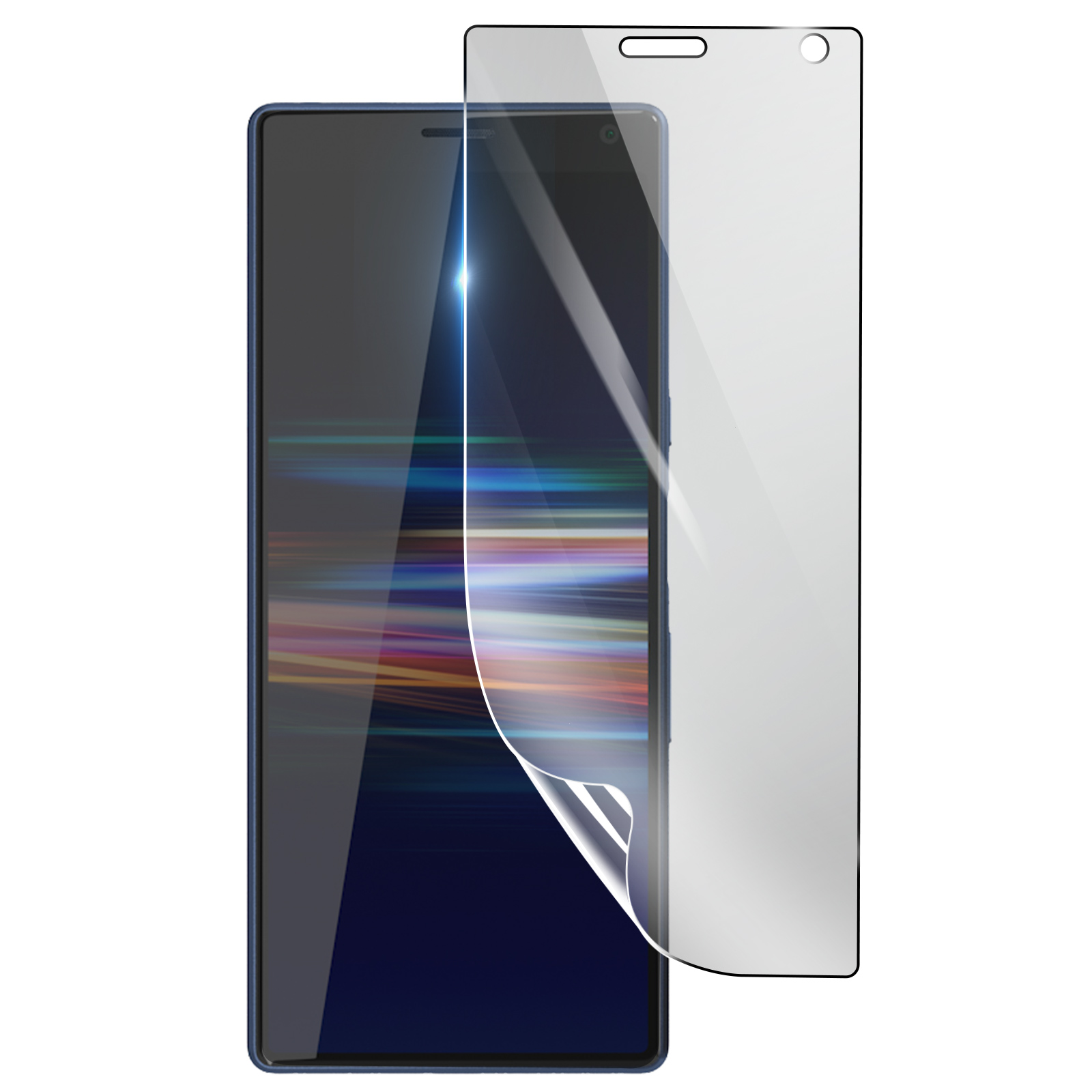 Smartphone con protezione schermo. Il protettore è trasparente e il telefono ha uno schermo scuro con striature colorate.