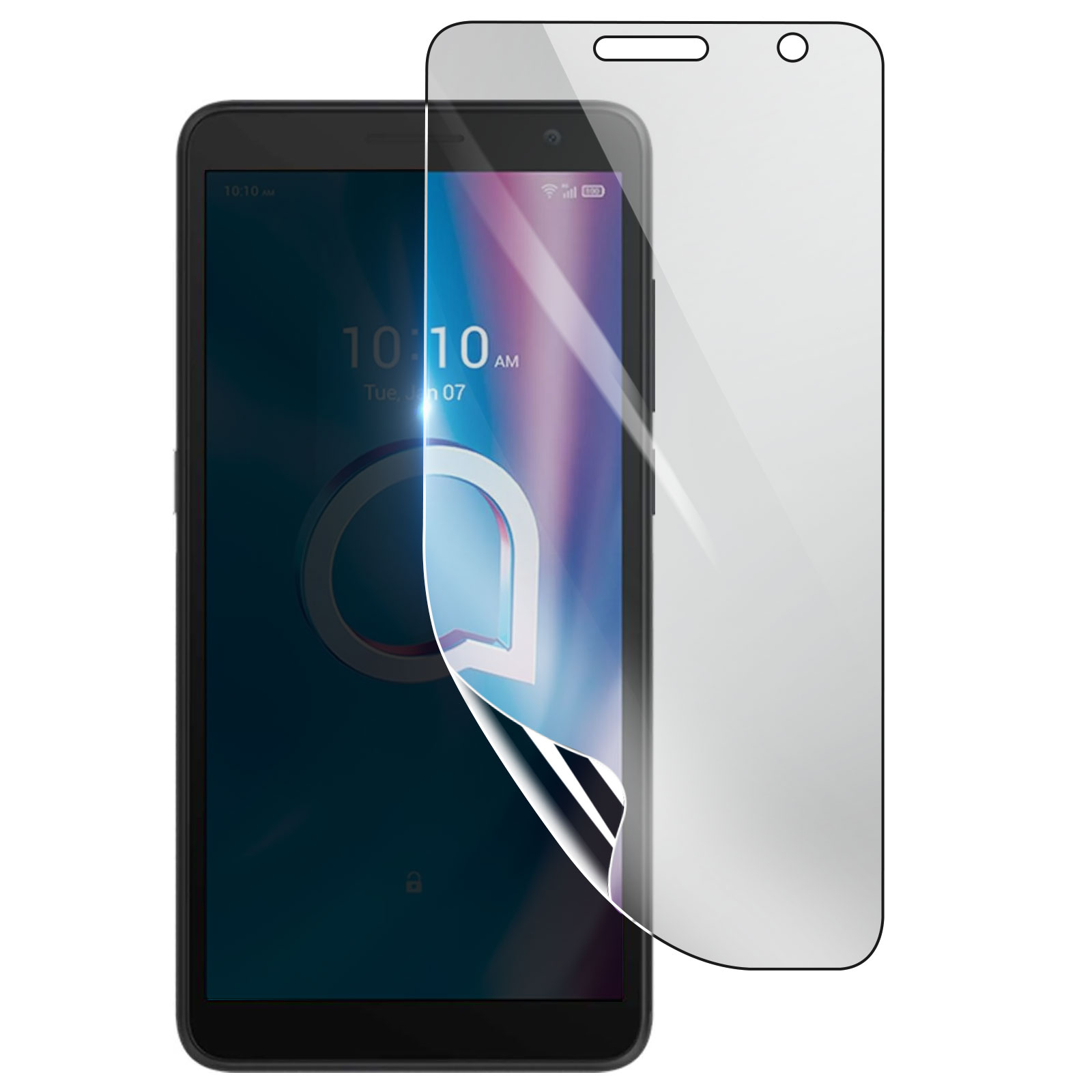 Uno smartphone nero con una protezione per lo schermo applicata. Il telefono mostra l'ora e il logo. Accanto c'è una protezione per lo schermo.
