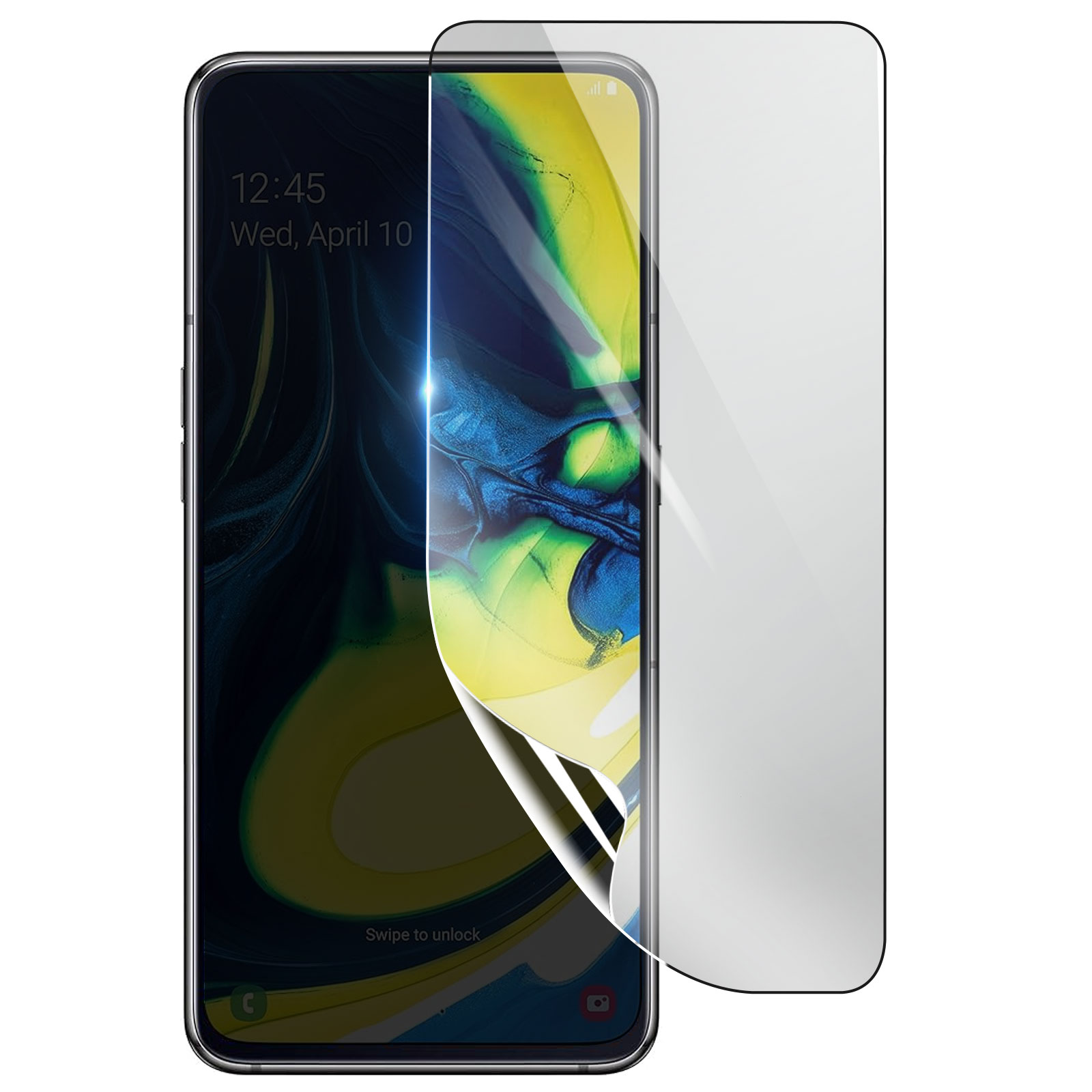 Un telefono con una protezione schermo parzialmente staccata. Lo schermo mostra l'ora e la data. È presente uno sfondo bianco.