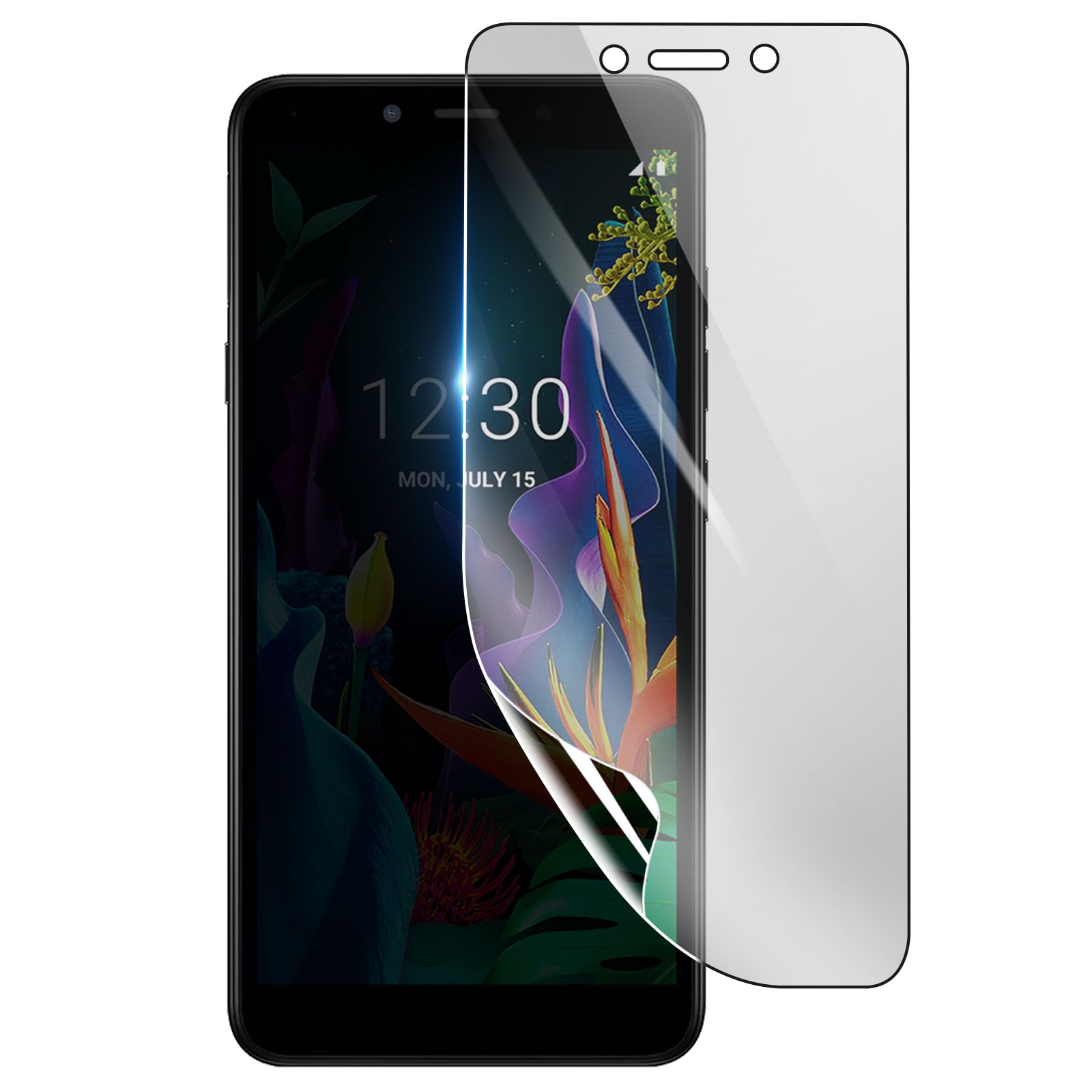 Uno smartphone con una protezione per lo schermo applicata. Lo schermo mostra un disegno floreale e l'ora. La protezione è parzialmente staccata.