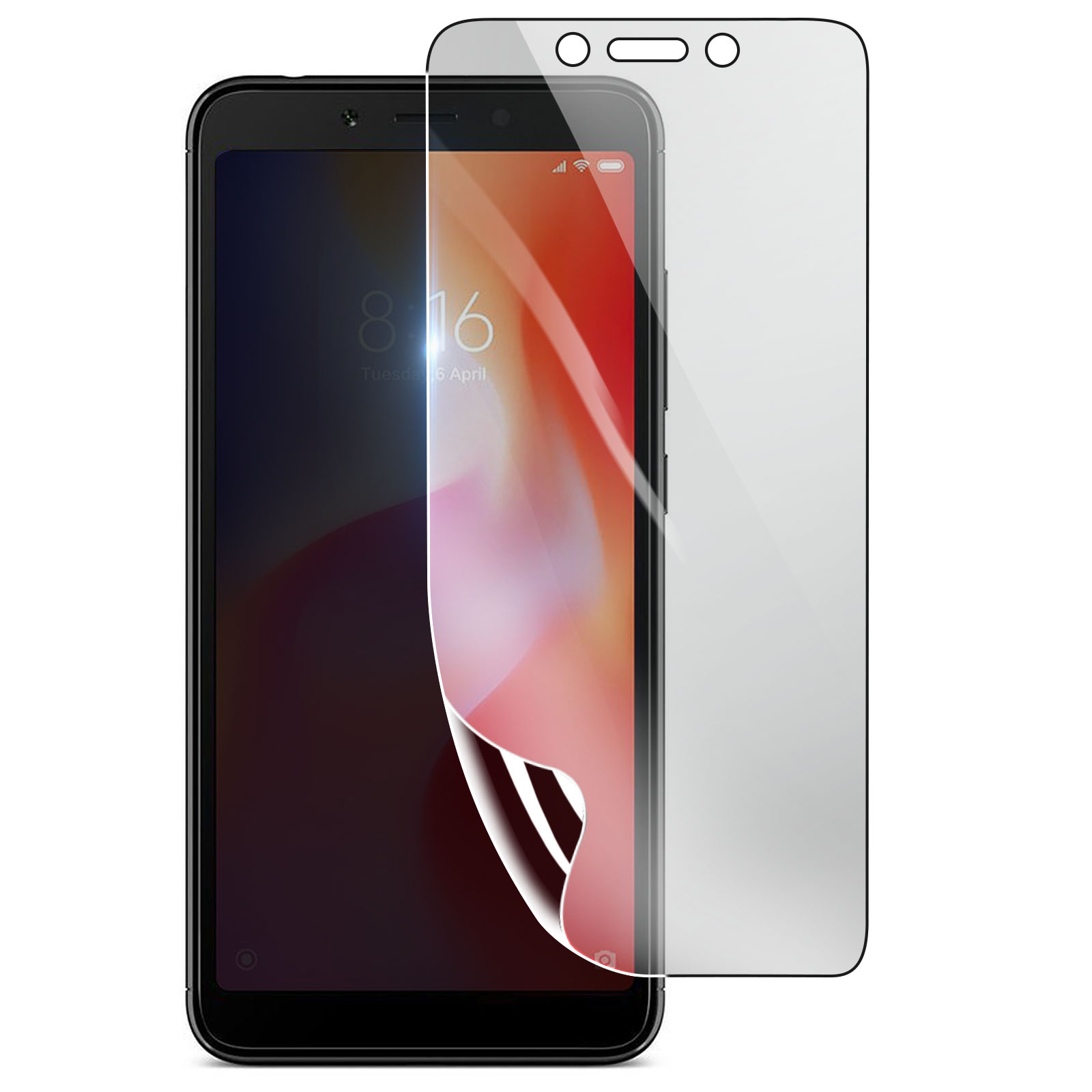 Uno smartphone nero con protezione schermo. Lo schermo mostra ora e data. La protezione è parzialmente staccata.