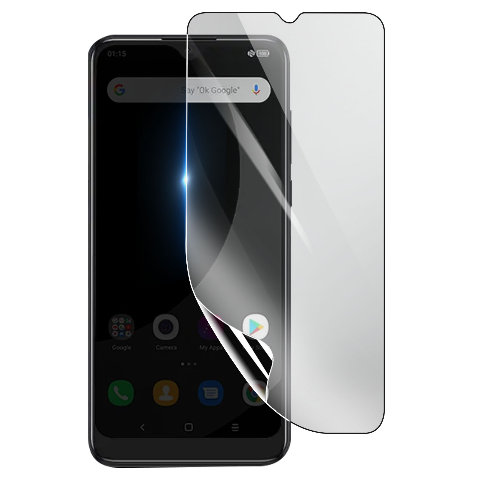 Uno smartphone nero con una protezione per lo schermo in fase di applicazione. Lo schermo mostra la barra di ricerca di Google e le icone delle app.