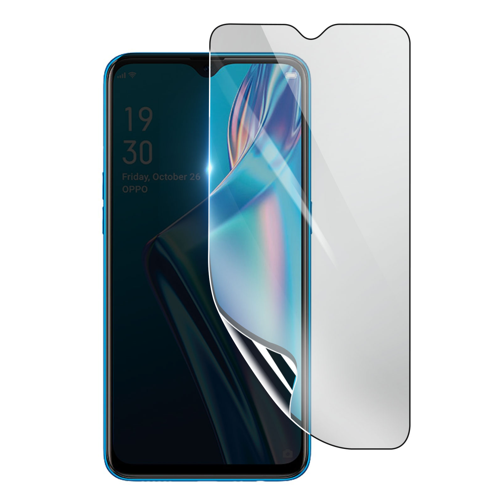 Uno smartphone con una protezione per lo schermo. Il telefono mostra l'ora e la data. La protezione è parzialmente staccata.