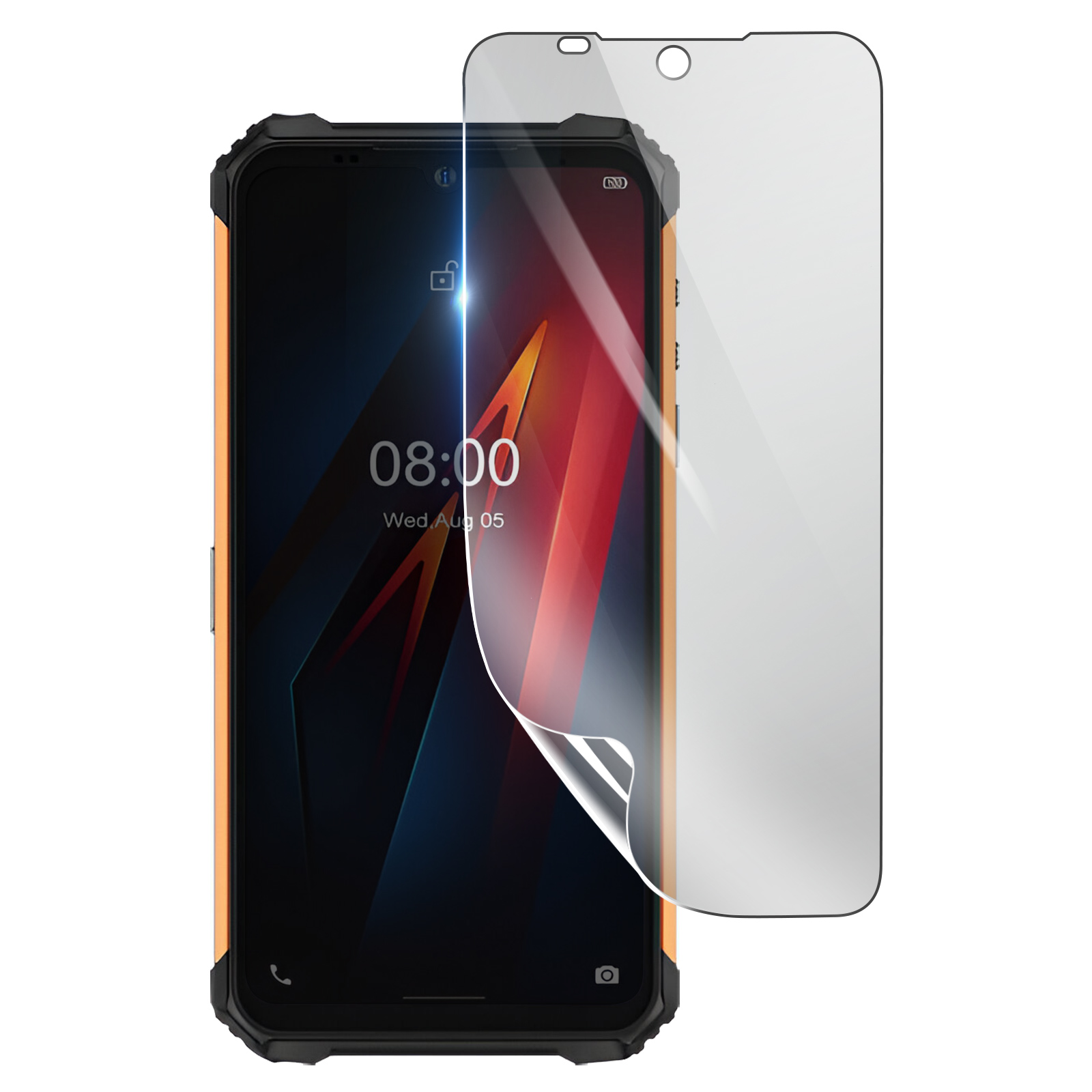 Uno smartphone robusto a cui viene applicata una protezione per lo schermo. Lo schermo mostra l'ora e la data.