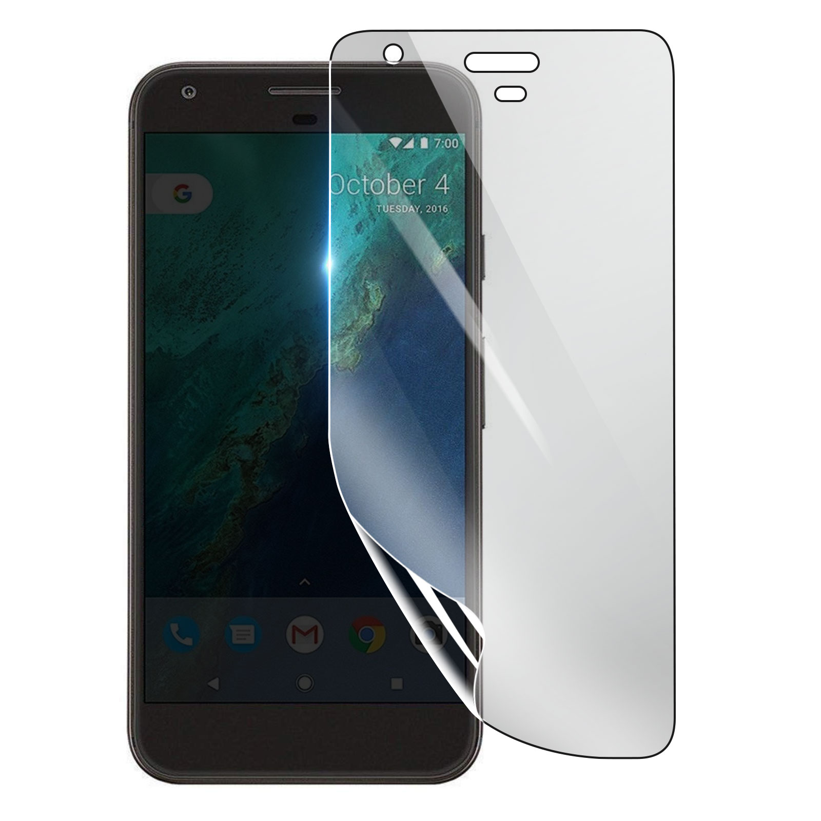 Uno smartphone nero con una protezione per lo schermo in applicazione. Il telefono mostra il 4 ottobre 2016.