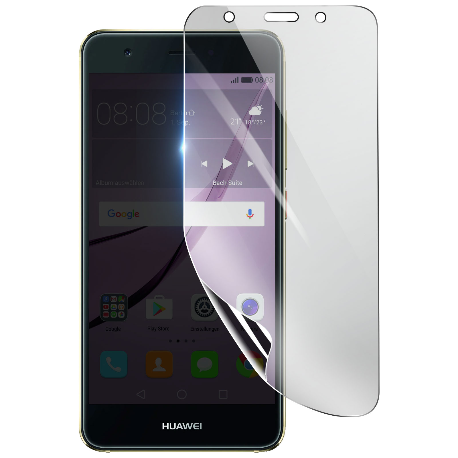 Uno smartphone Huawei con una protezione per lo schermo applicata. Lo schermo mostra ora, data, meteo e icone delle app.