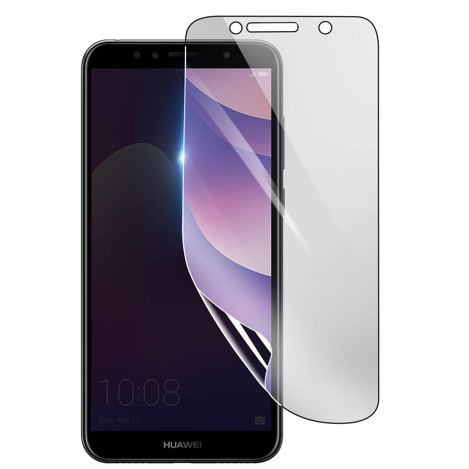 Un telefono Huawei con una protezione per lo schermo è in mostra. Il telefono mostra l'ora e la data. Accanto c'è una protezione schermo trasparente.