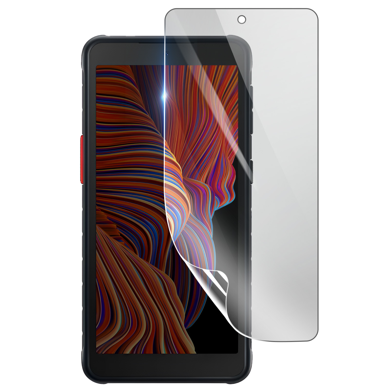 Uno smartphone nero con protezione schermo. Lo schermo mostra linee astratte colorate. Un pulsante rosso è visibile.