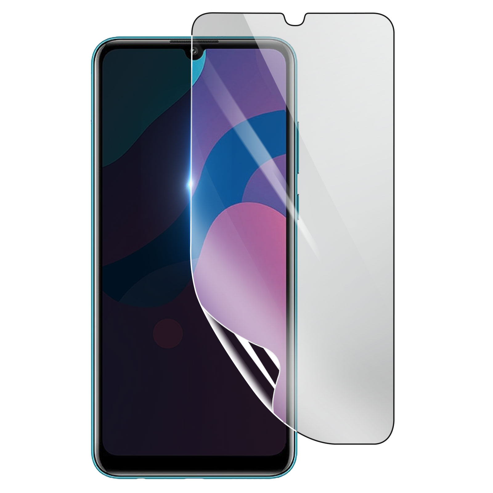 Uno smartphone con una protezione per lo schermo applicata. Il telefono è turchese, lo schermo ha un design viola e blu.