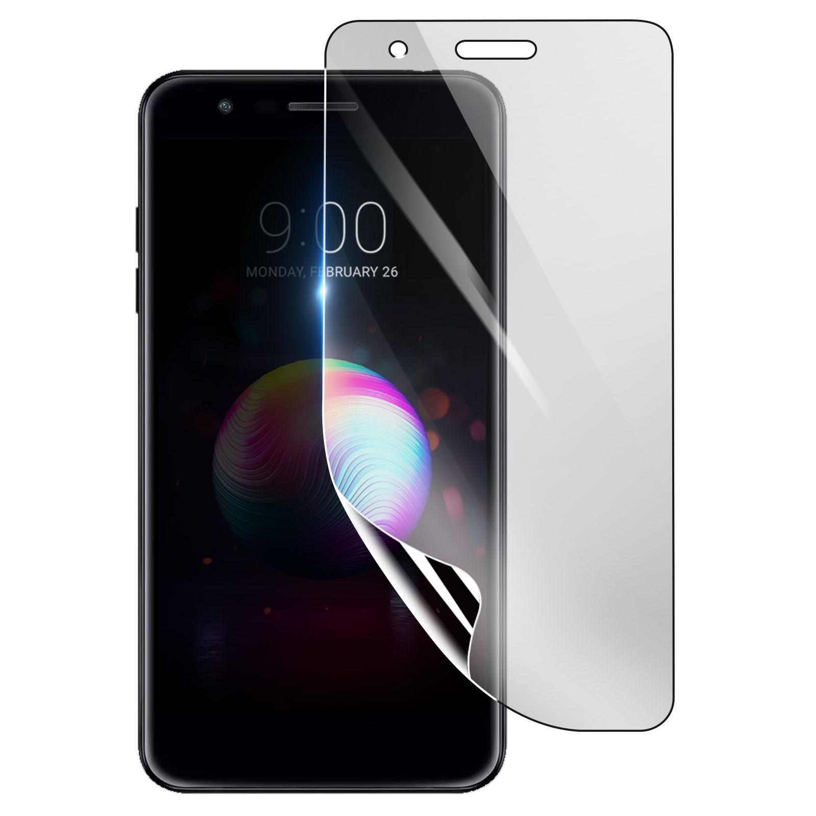 Uno smartphone con protezione schermo. Il telefono mostra un'immagine colorata e l'ora. La protezione è parzialmente staccata.