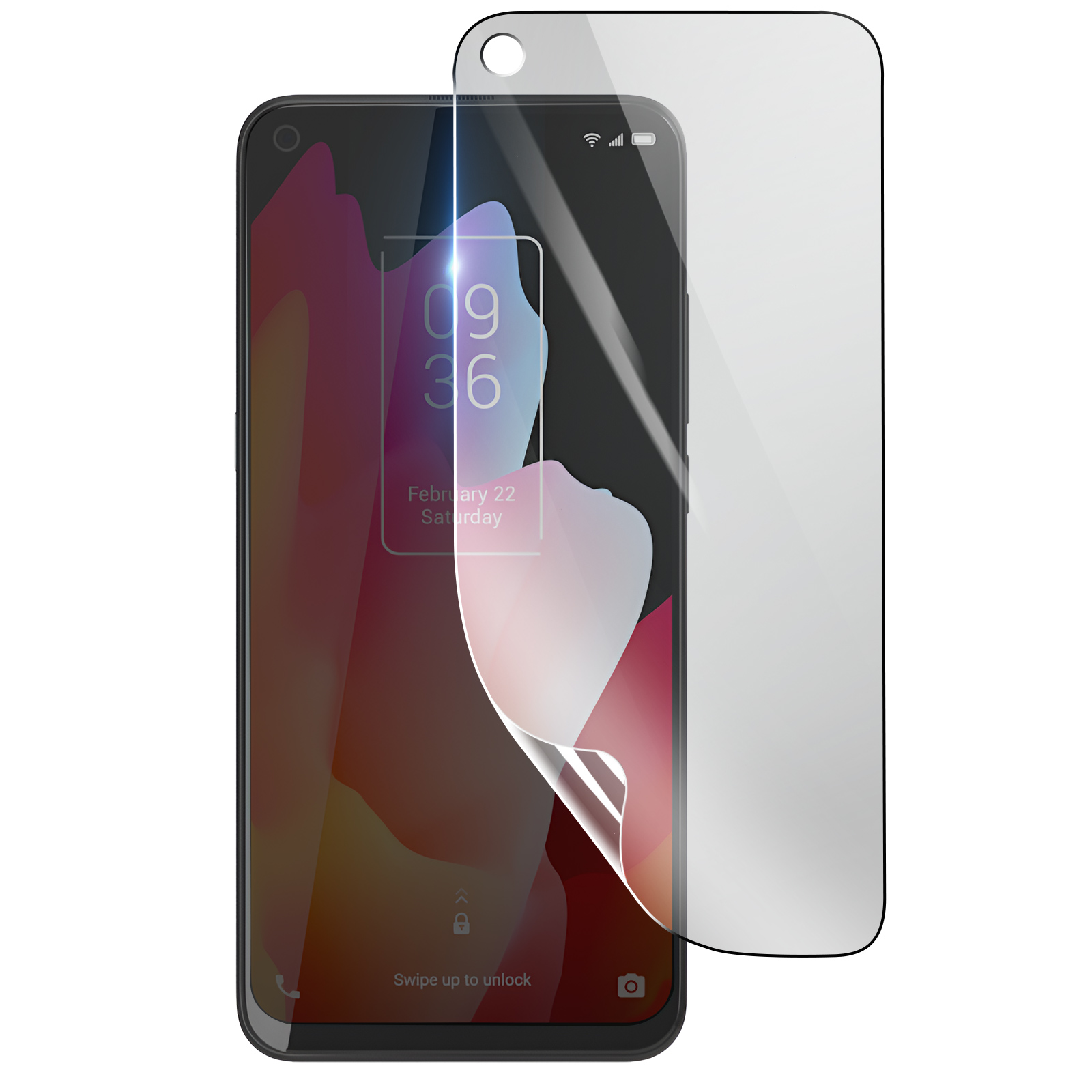Uno smartphone con una protezione per lo schermo applicata. Lo schermo mostra l'ora e la data. La protezione è parzialmente staccata.