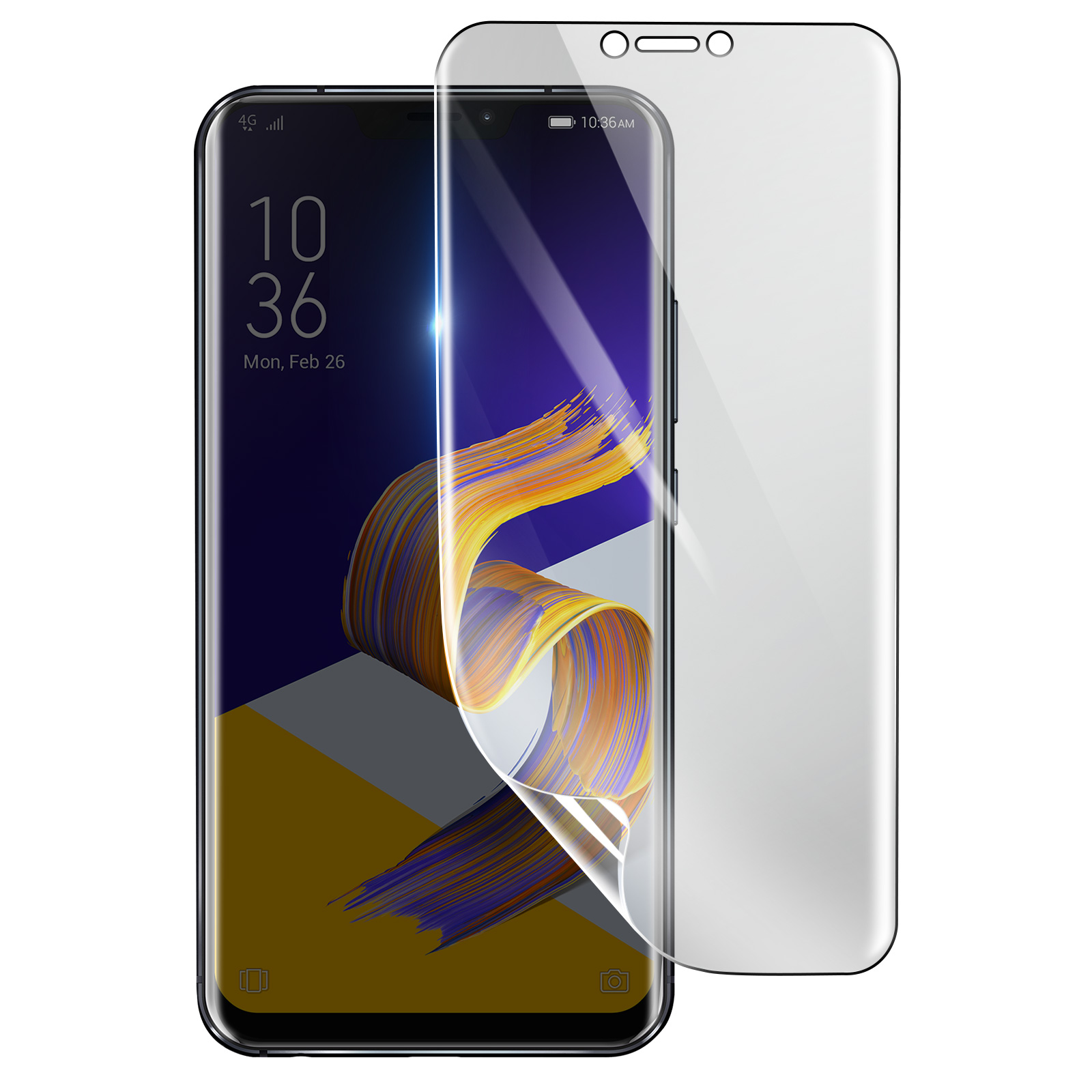Uno smartphone con una protezione per lo schermo applicata. Il telefono mostra l'ora e la data. La protezione è parzialmente staccata.