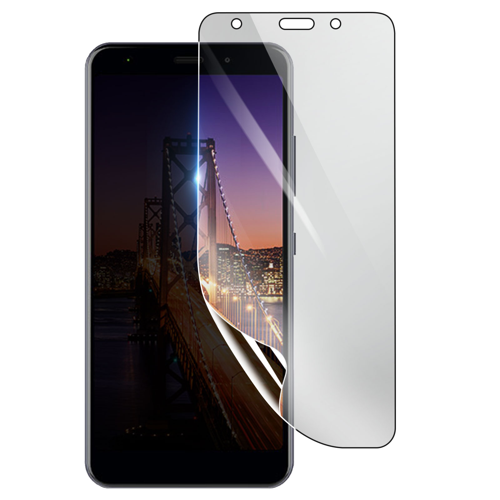 Uno smartphone con protezione schermo. Lo schermo mostra un ponte di notte. La protezione si stacca.