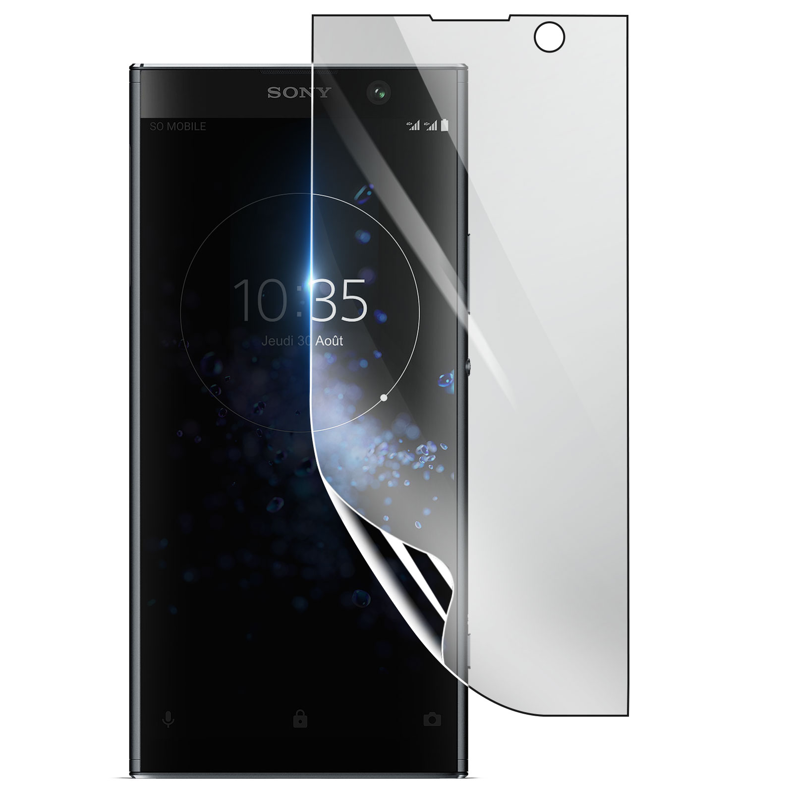 Un telefono Sony con una protezione per lo schermo applicata. Lo schermo mostra l'ora e la data. La protezione è parzialmente staccata.