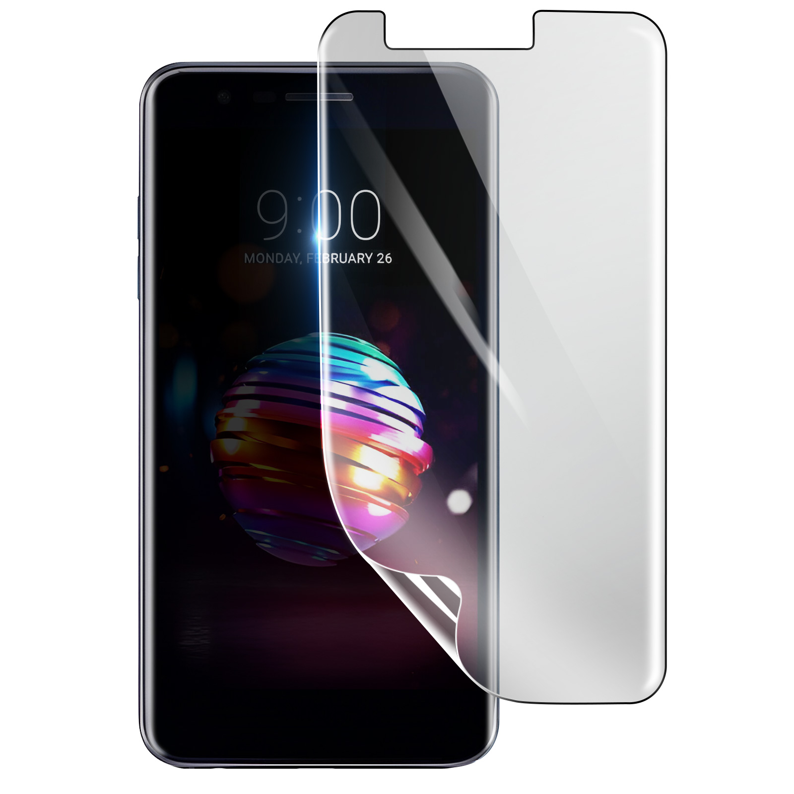 Uno smartphone con una protezione per lo schermo applicata. Lo schermo mostra l'ora e la data. La protezione è trasparente.