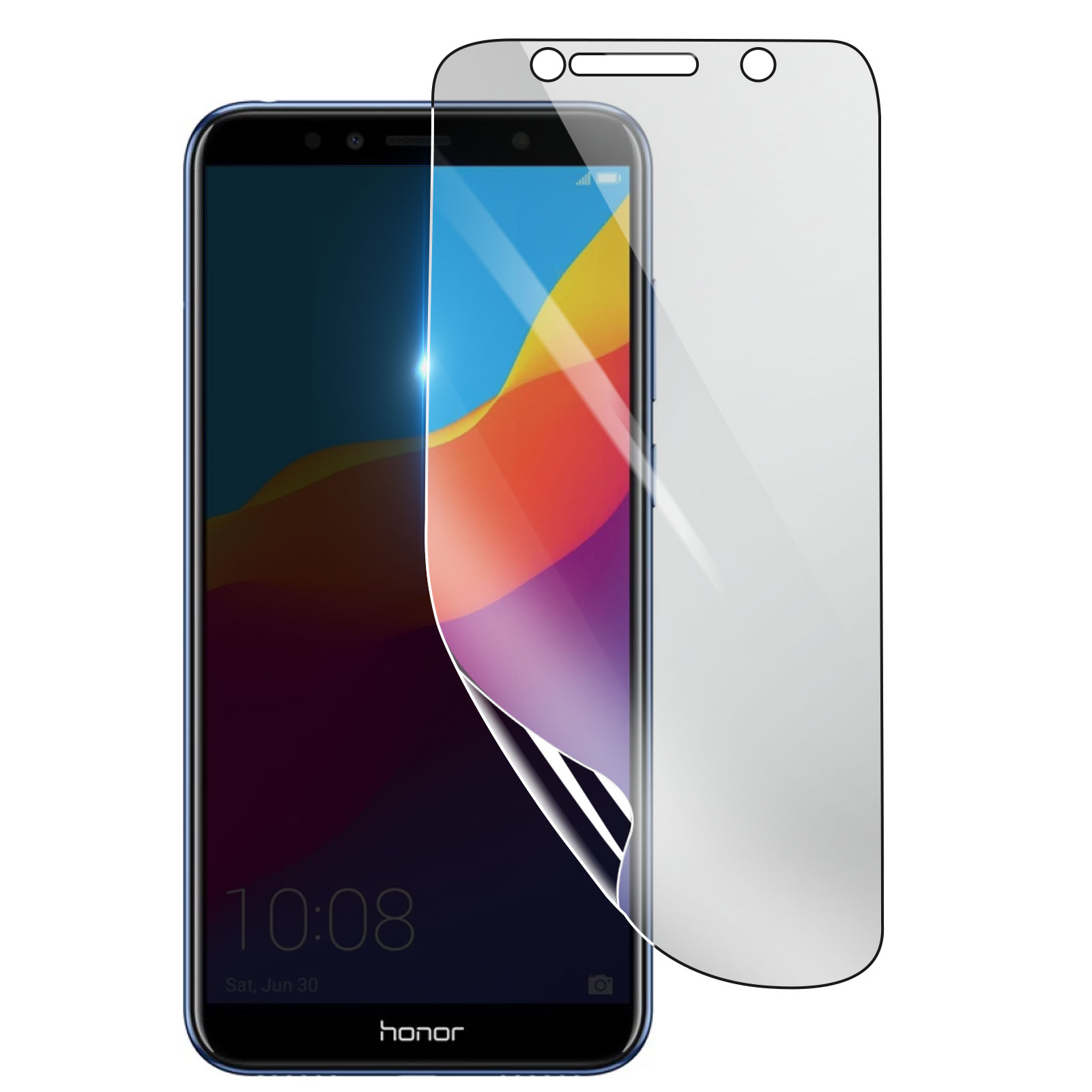 Uno smartphone con una protezione per lo schermo. Il telefono mostra uno sfondo colorato. La protezione è parzialmente staccata.