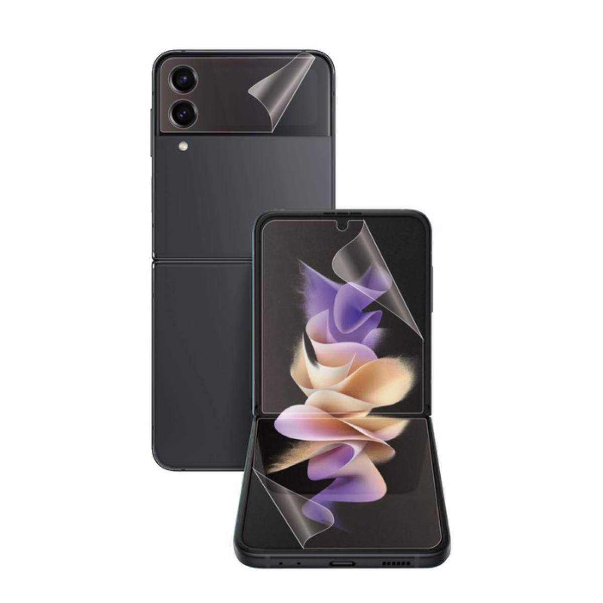 Due telefoni pieghevoli neri, uno aperto che mostra un design viola e beige sullo schermo, entrambi con protezioni schermo.