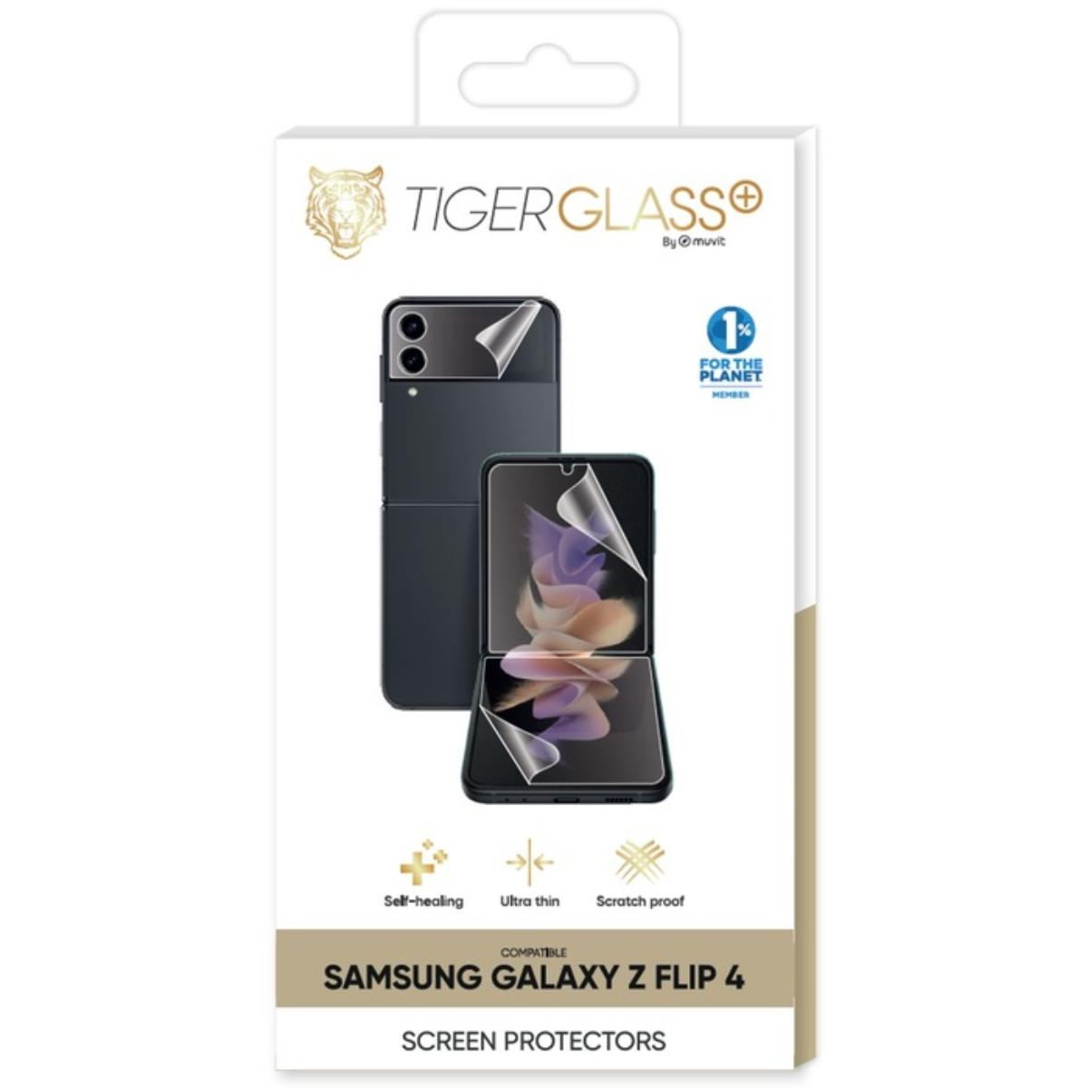 Scatola con protezioni schermo per Samsung Galaxy Z Flip 4. Caratteristiche: autoriparante, ultra sottile e antigraffio.