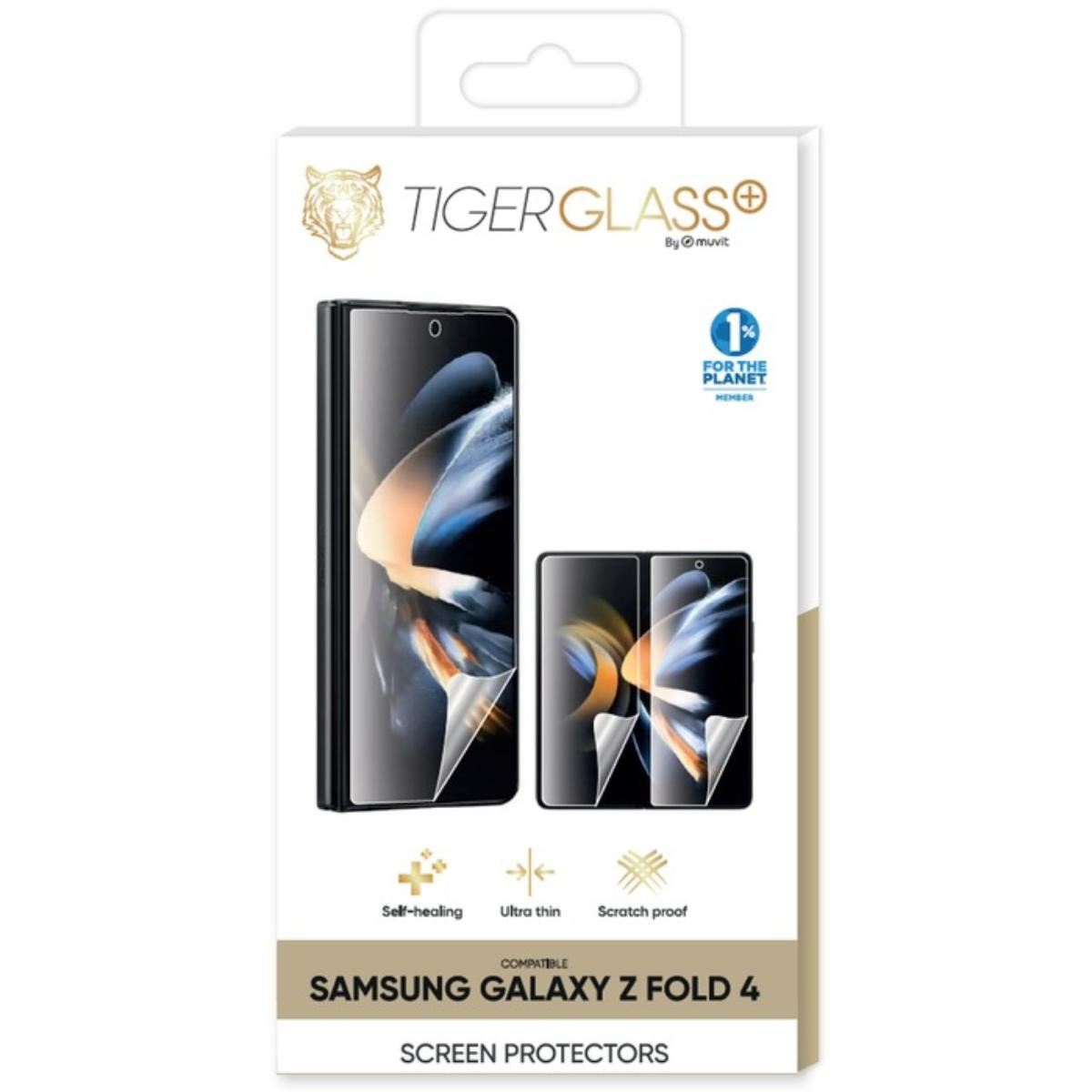 Confezione per protezioni schermo Samsung Galaxy Z Fold 4. Include immagini del telefono, informazioni sul prodotto e loghi. Autorigenerante, ultra sottile e antigraffio.