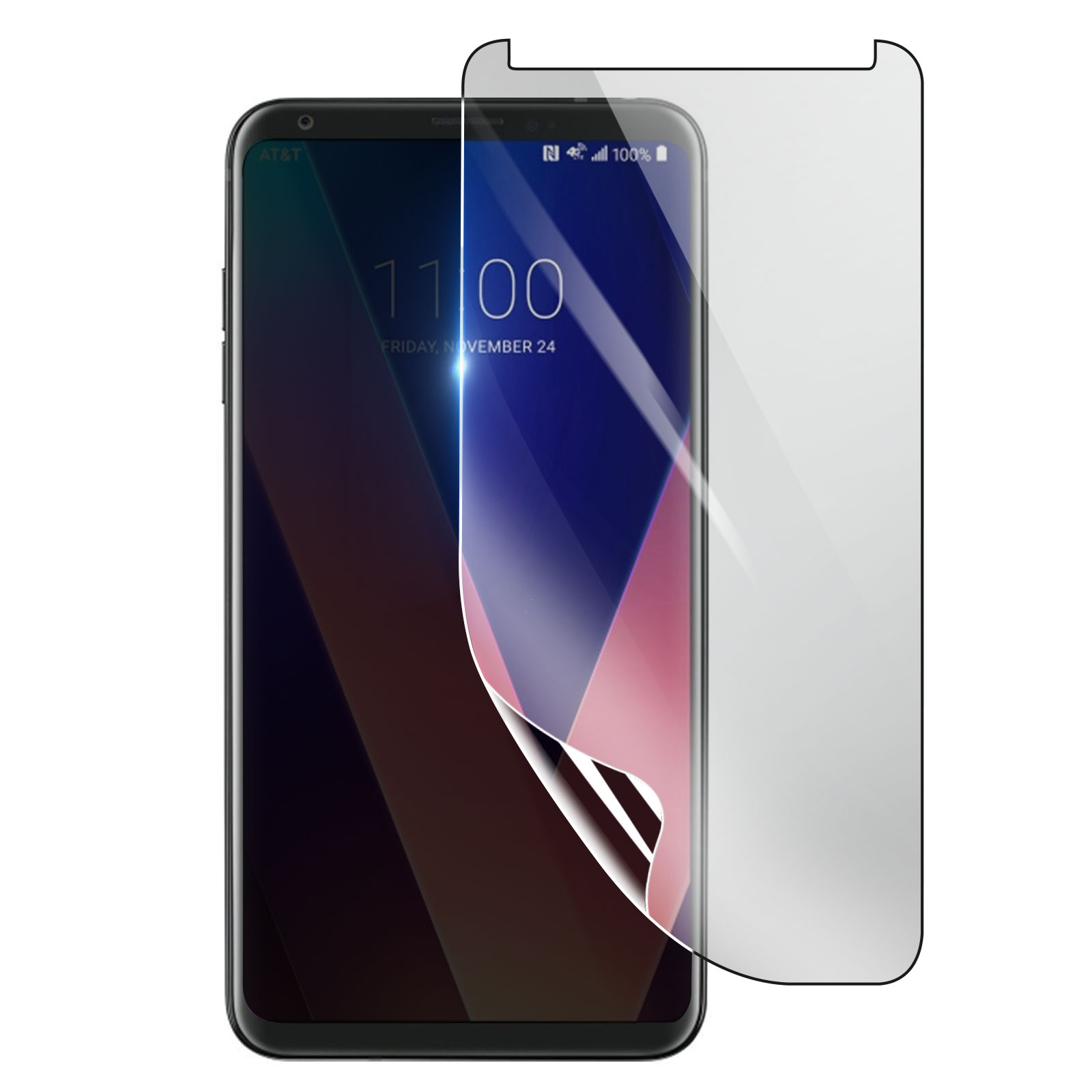 Uno smartphone con una protezione per lo schermo applicata. Il telefono visualizza l'ora e la protezione è parzialmente staccata.