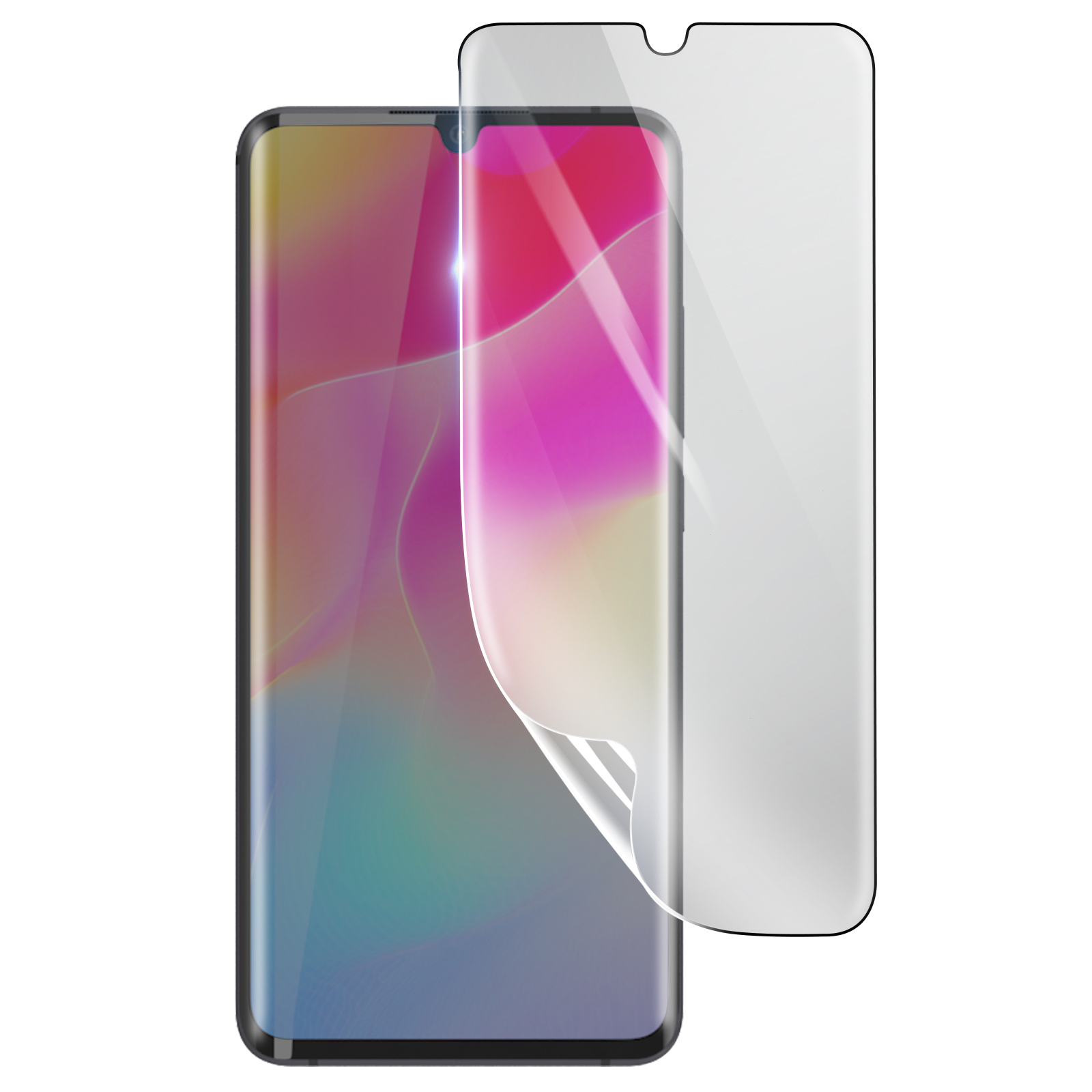 Uno smartphone con una protezione per lo schermo in fase di applicazione. Lo schermo mostra motivi astratti colorati. La protezione è parzialmente staccata.