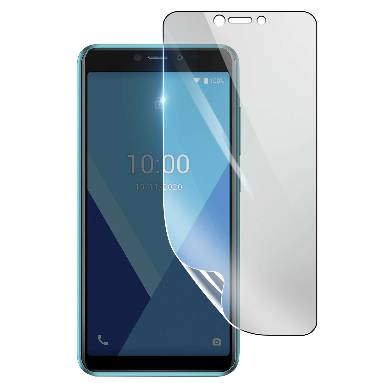 Uno smartphone con una protezione per lo schermo in applicazione. Il telefono è blu e mostra l'ora e la data.
