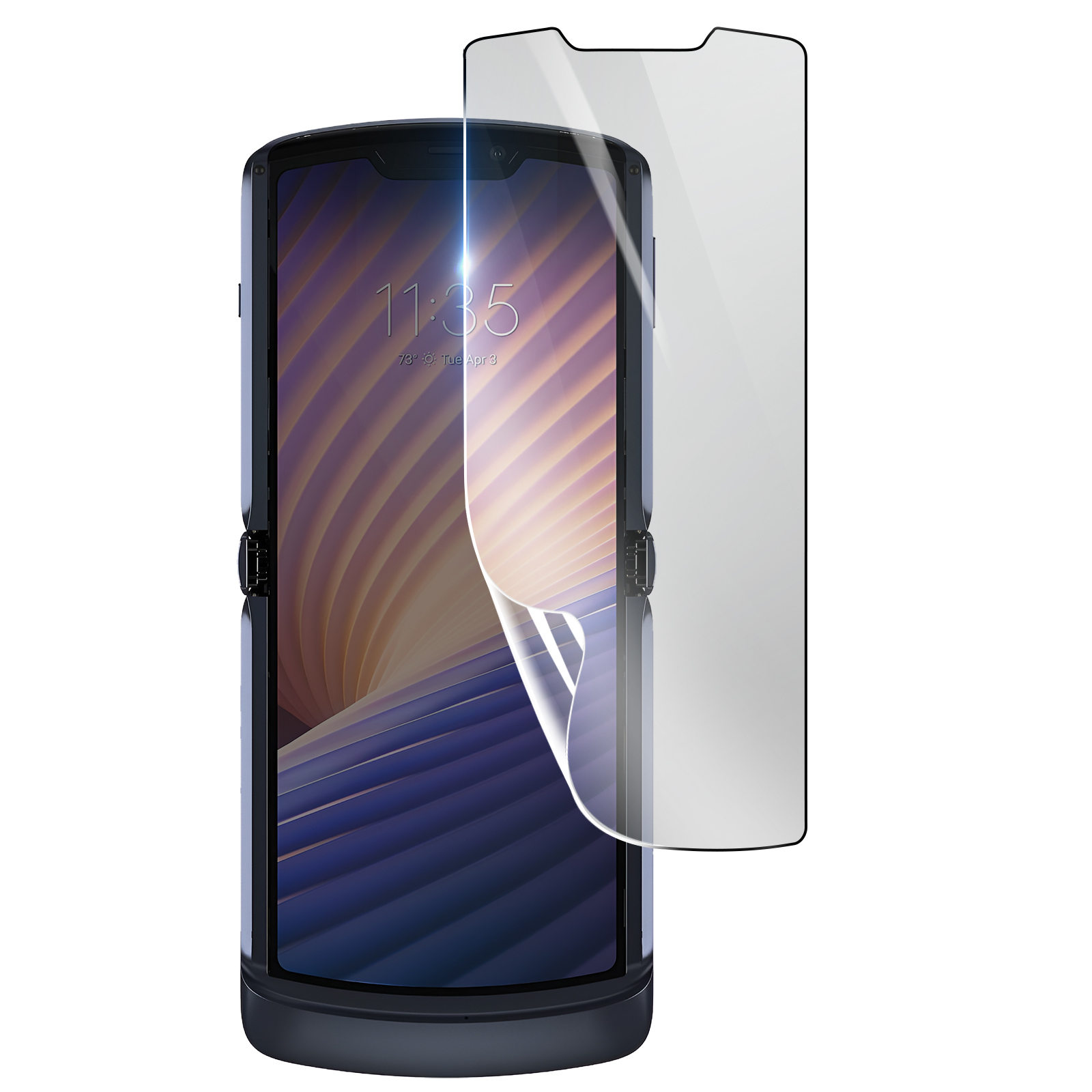 Uno smartphone pieghevole nero con protezione schermo. Lo schermo mostra l'ora. Sfondo bianco.