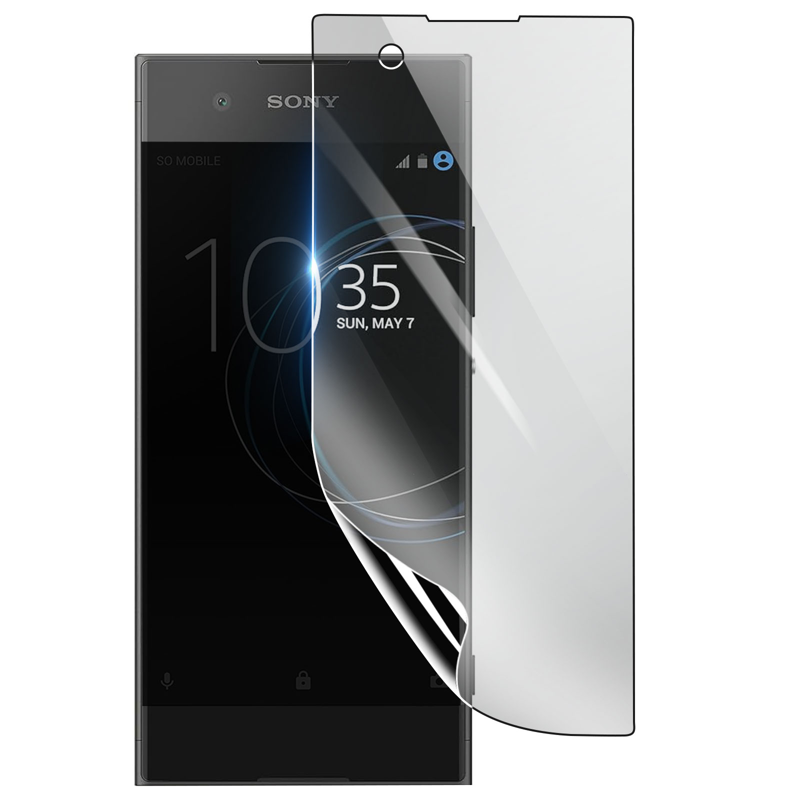 Smartphone Sony con protezione schermo applicata. Lo schermo mostra ora, data e icone di segnale. La protezione si stacca.