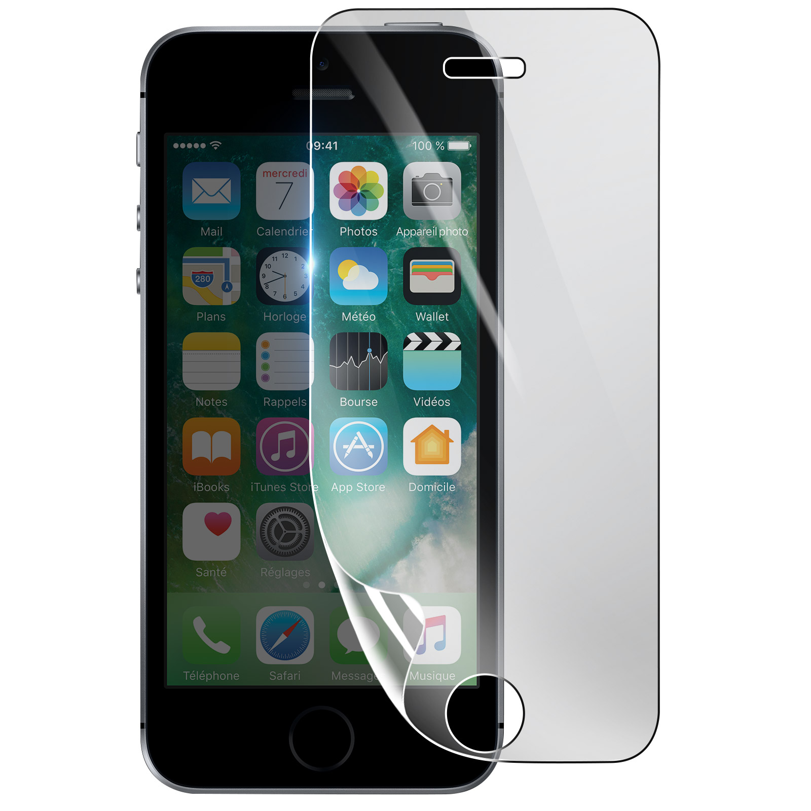 Un iPhone con protezione schermo applicata. Lo schermo mostra icone di app. Una protezione in plastica trasparente.