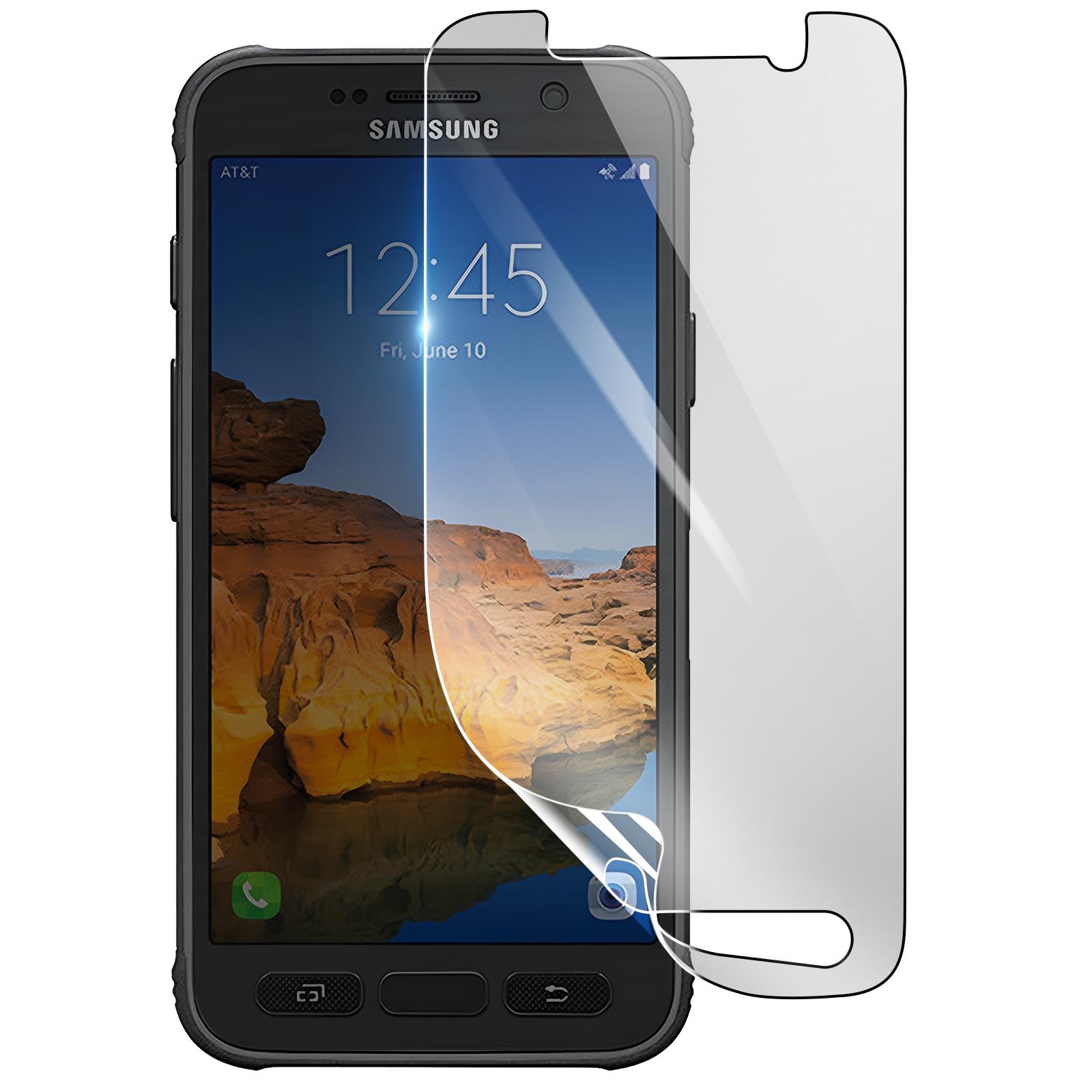 Un telefono Samsung nero con una protezione per lo schermo. Lo schermo mostra l'ora e un paesaggio desertico.