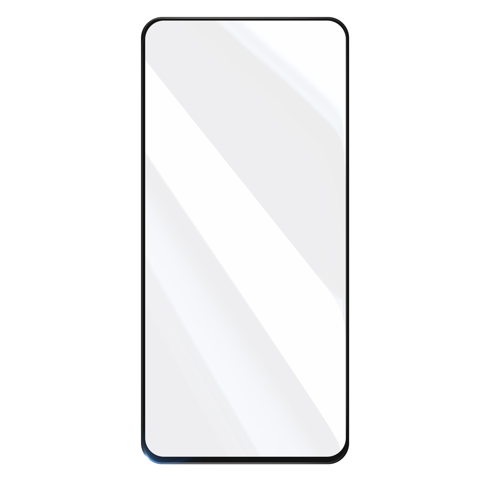Una protezione per schermo di smartphone. Ha un bordo nero e una superficie bianca riflettente, con riflessi di luce diagonali.