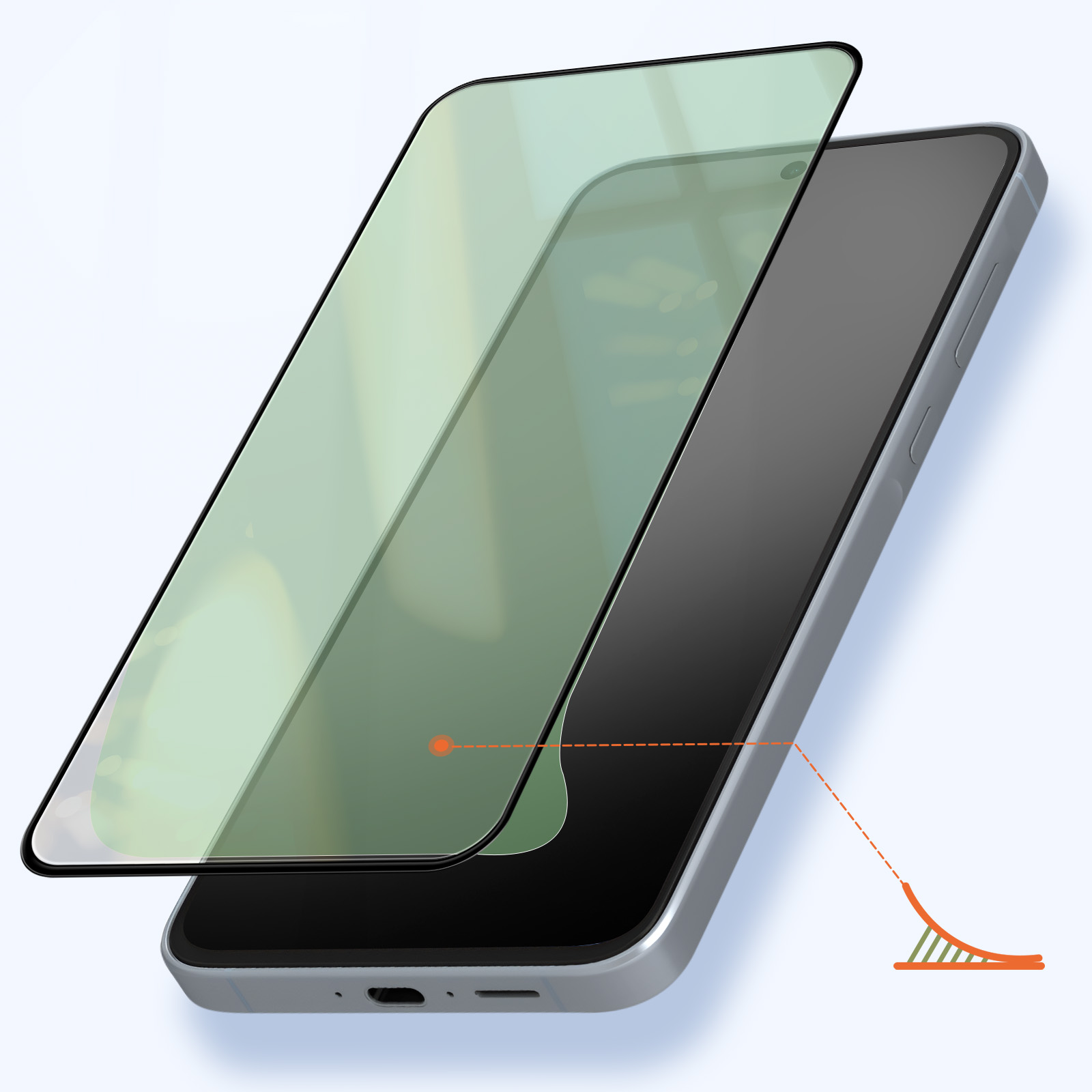 Un telefono con una protezione schermo applicata. La protezione è leggermente sollevata, mostrando lo schermo.