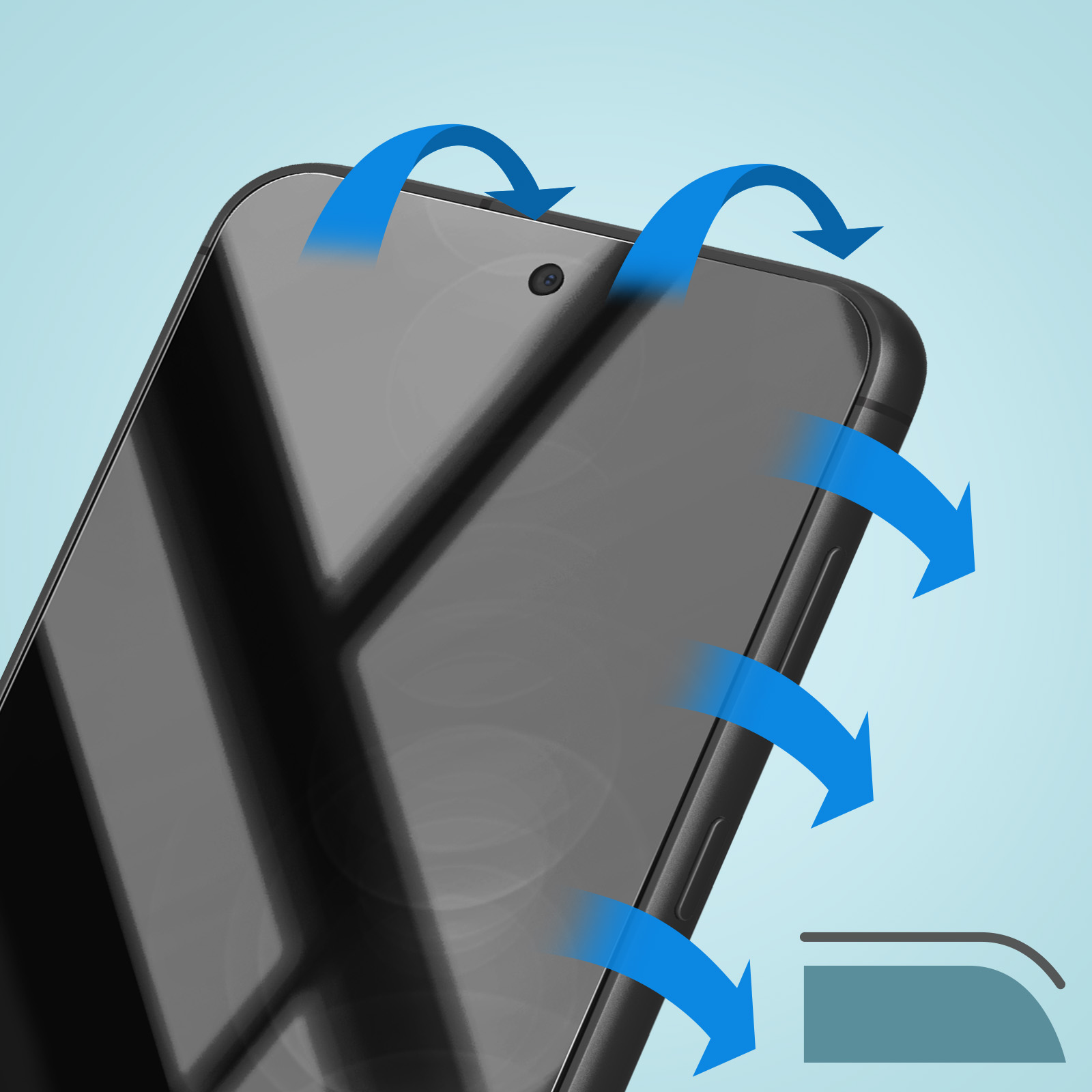 Uno smartphone con frecce blu che indicano una direzione di flusso. Il telefono ha uno schermo nero e uno sfondo blu chiaro.
