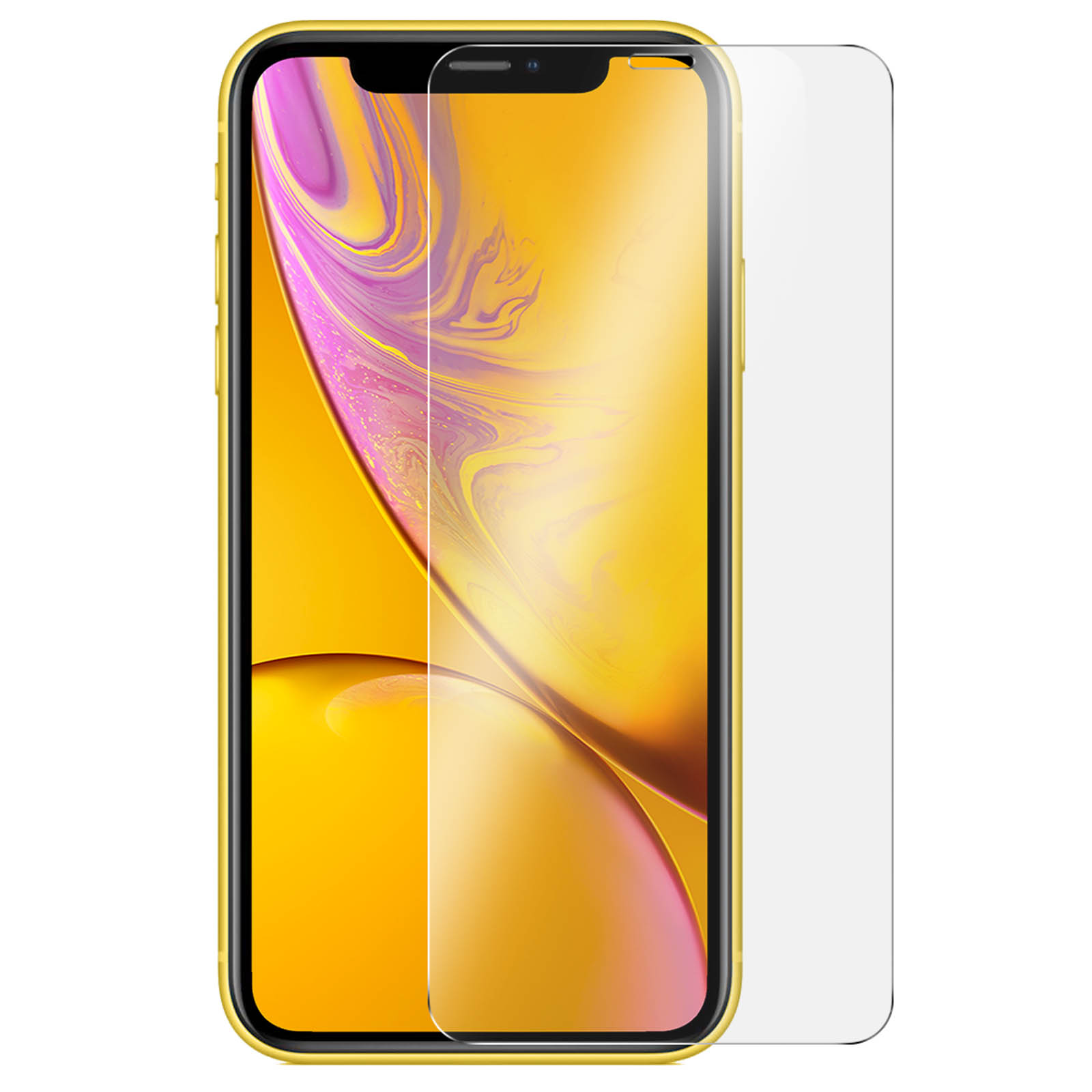 iPhone giallo con protezione schermo applicata. Lo schermo mostra un design astratto giallo e rosa. La custodia è gialla.