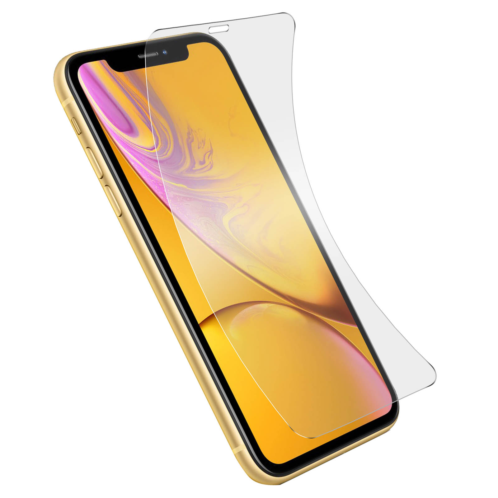 Gouden iPhone met schermbeschermer. Telefoon schuin, toont scherm. Beschermer gedeeltelijk los.