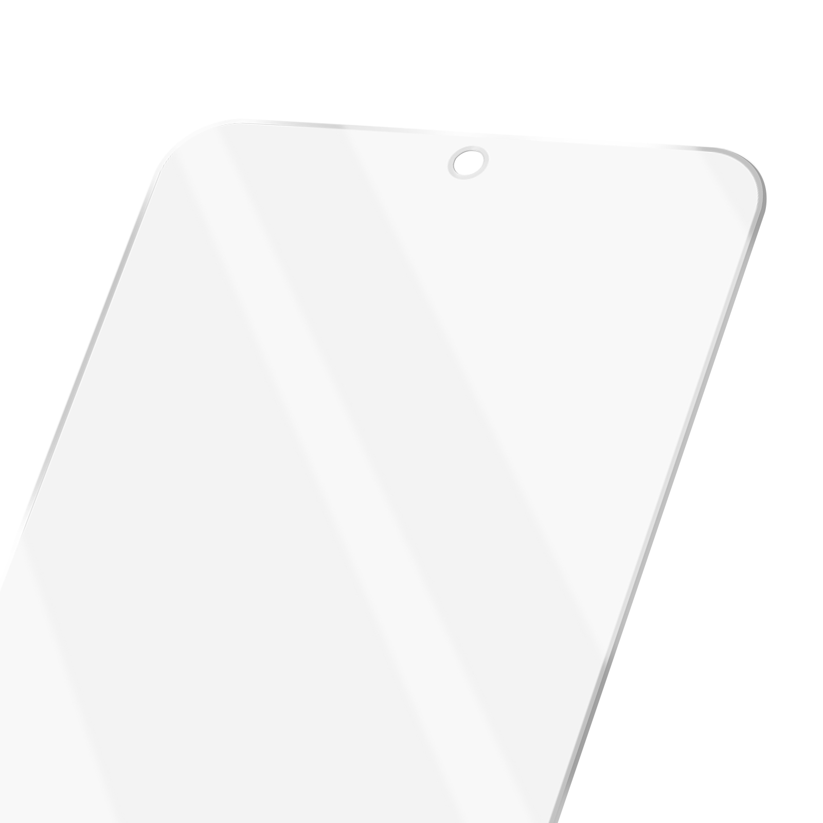 Un proteggi schermo bianco per smartphone con un ritaglio per la fotocamera anteriore. I bordi sono leggermente curvi.