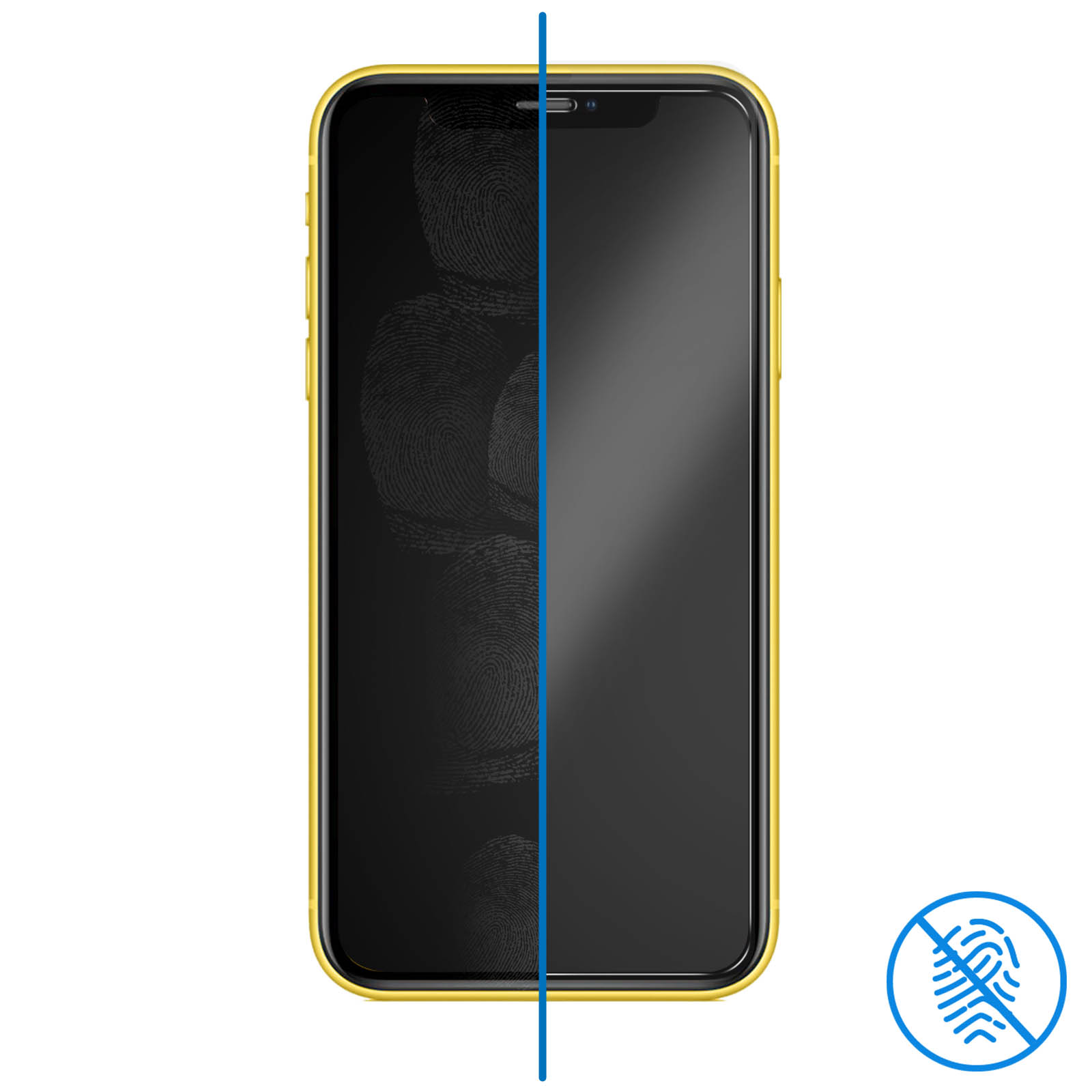Protezione schermo del telefono. Telefono su bianco. Impronte digitali a sinistra. La destra è trasparente.