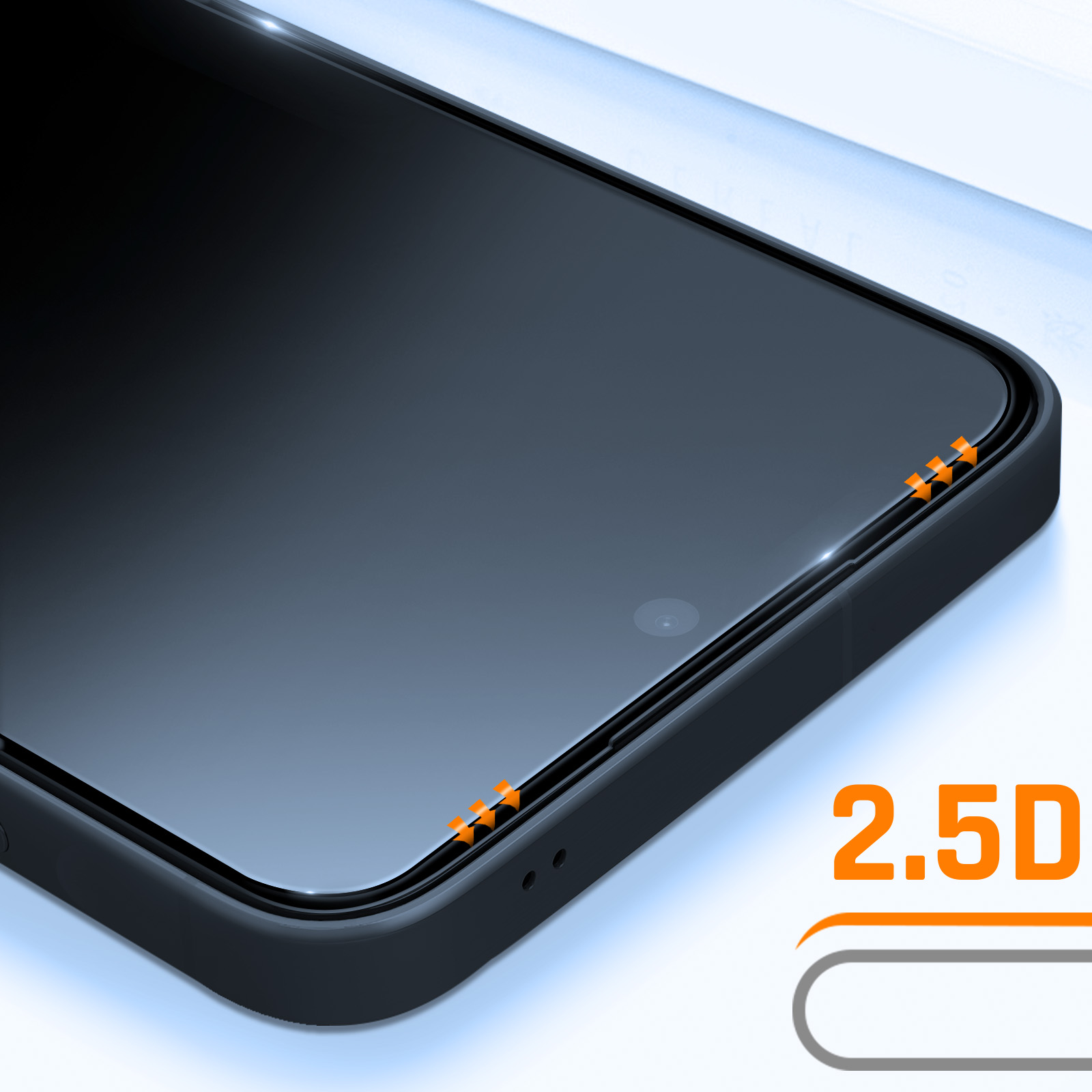 Primo piano di uno smartphone nero con protezione schermo. Frecce arancioni indicano il bordo. Testo: '2.5D'.