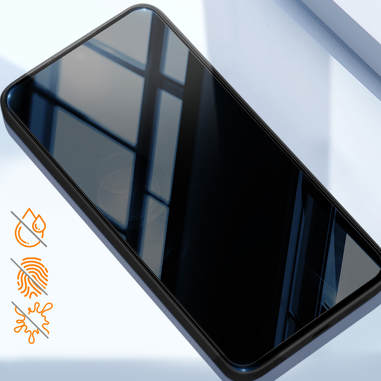 Uno smartphone con protezione schermo nera su sfondo chiaro. Icone arancioni indicano resistenza ad acqua, impronte e macchie.