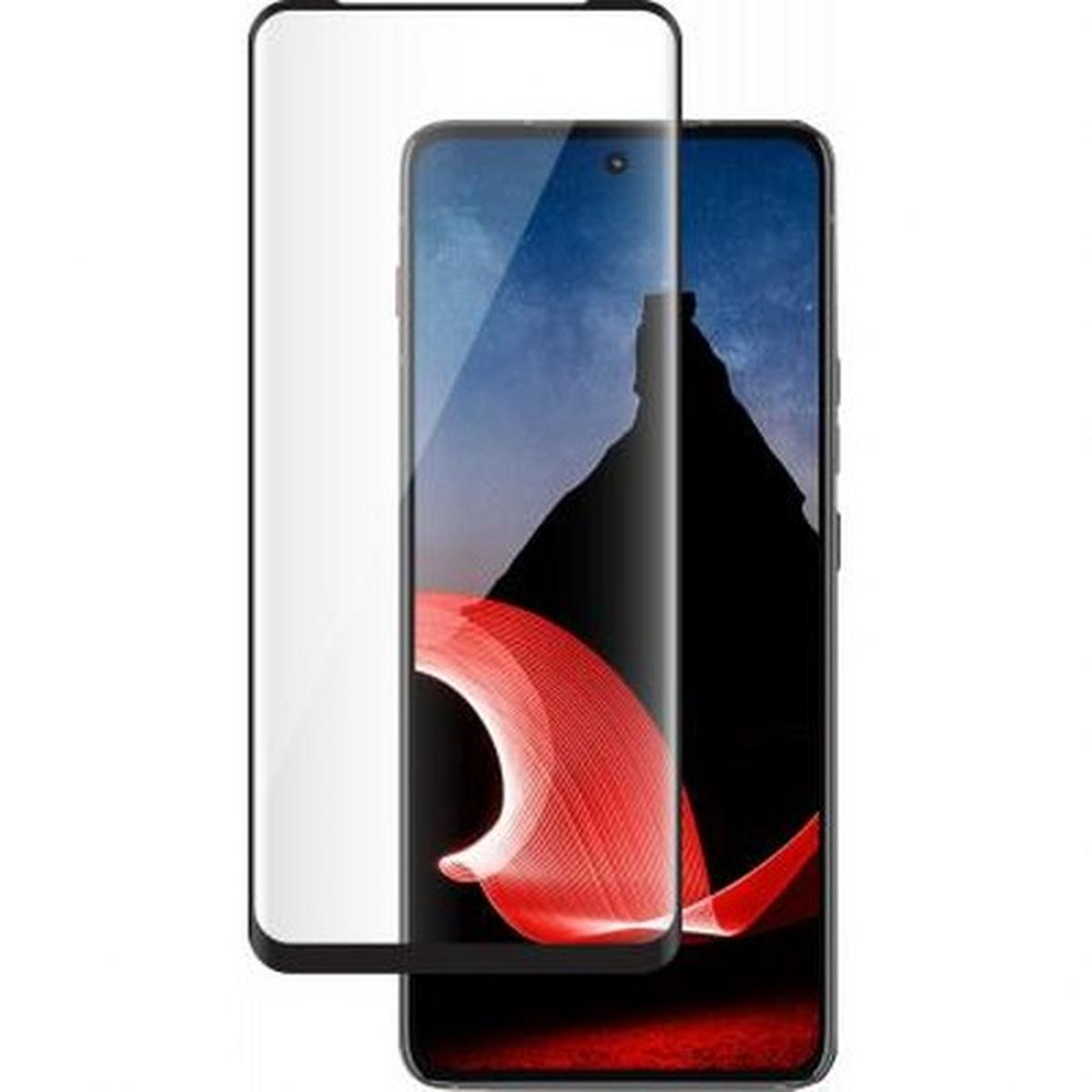 Een smartphone met een schermbeschermer. De telefoon toont een abstract ontwerp. De beschermer is helder.