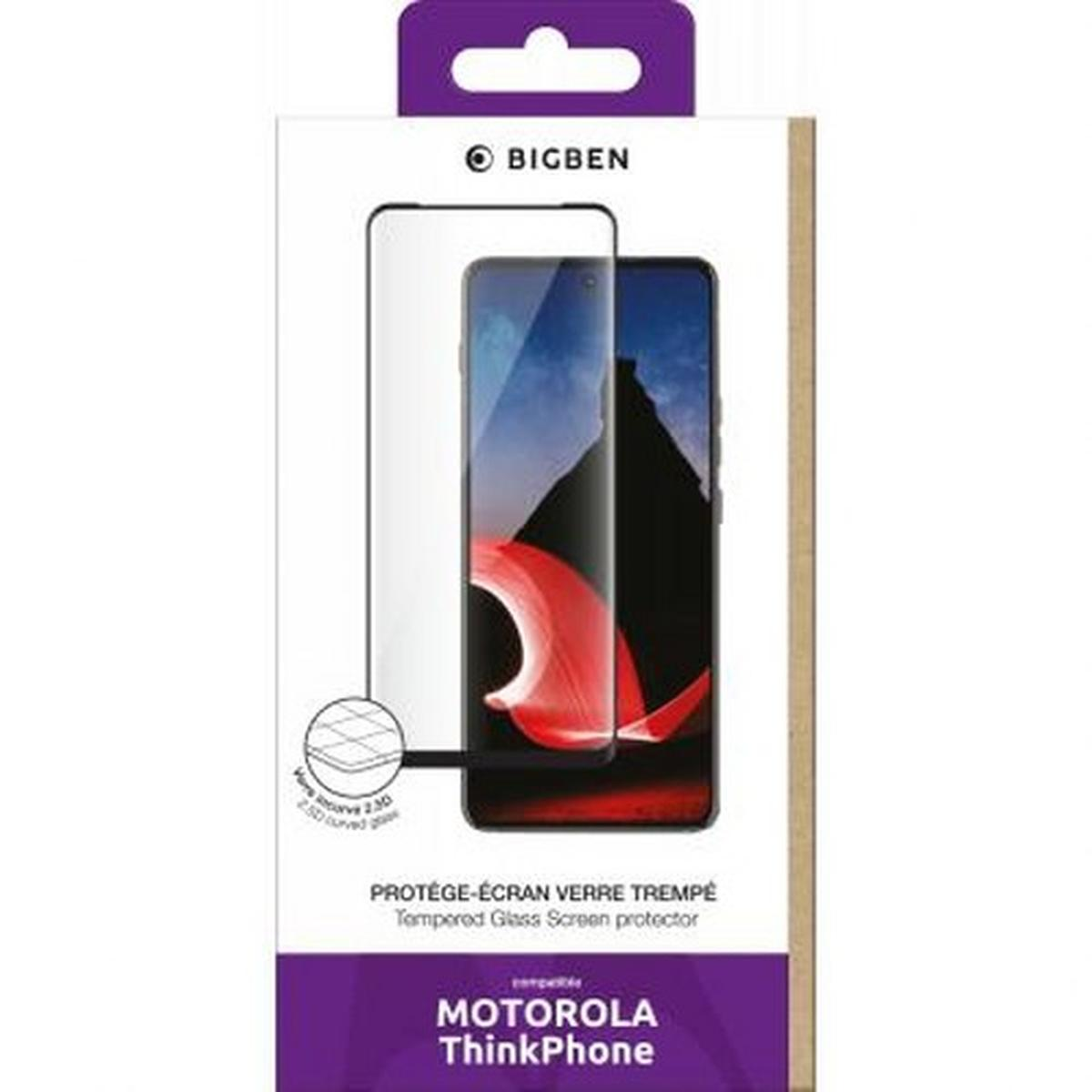 Een doosje met een Motorola ThinkPhone schermbeschermer. Het toont het telefoonscherm met een rood ontwerp en het Bigben-logo.