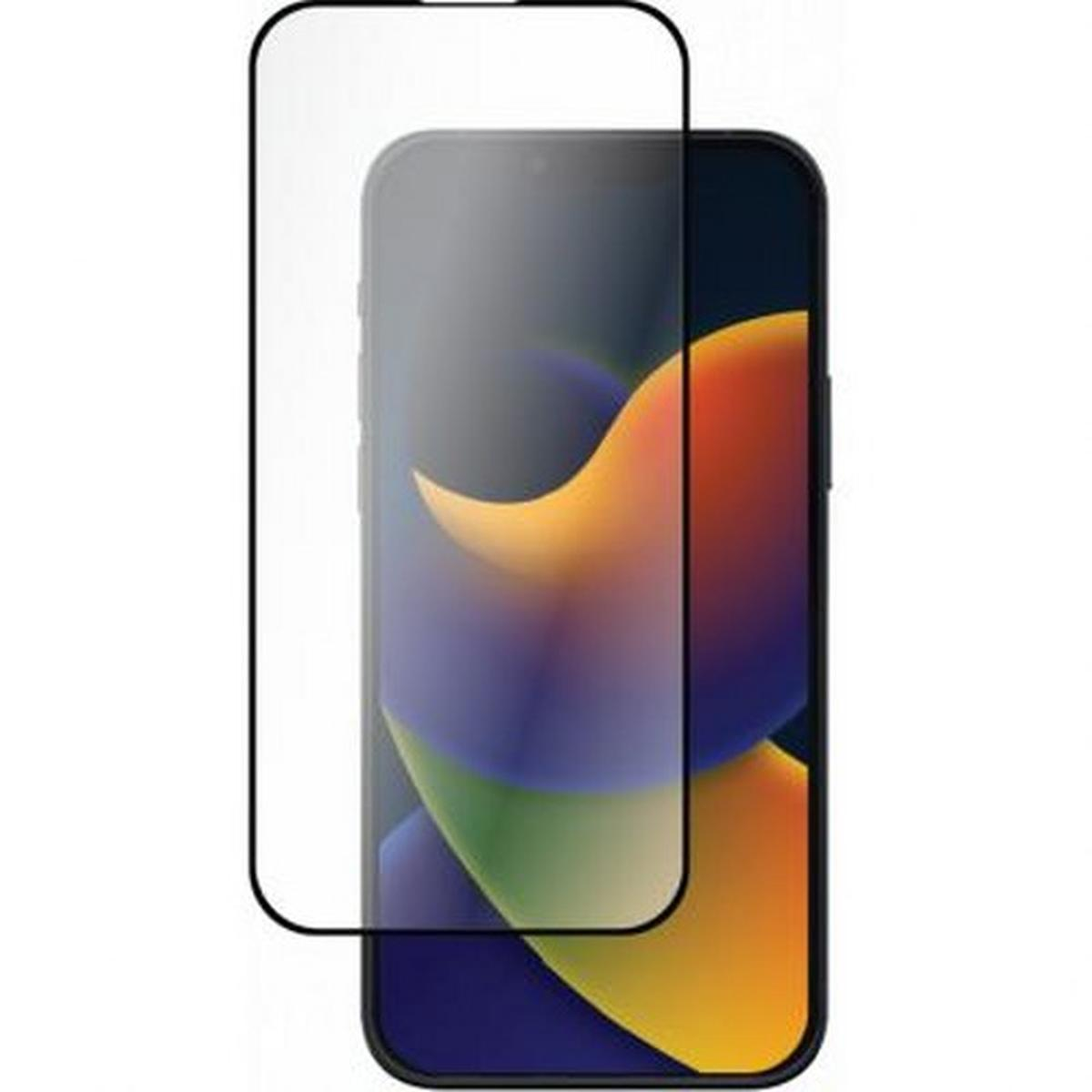 Uno smartphone con protezione schermo. Lo schermo mostra forme astratte arancioni, gialle e viola.