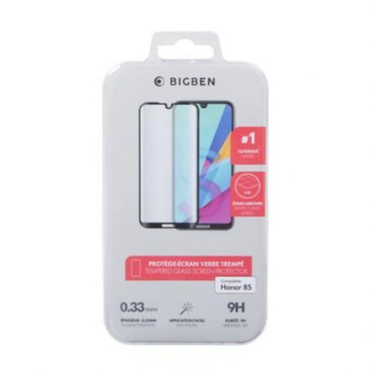 Una confezione di protezione schermo Bigben Honor 8S. Mostra lo schermo del telefono e il vetro protettivo. Ha un adesivo rosso.