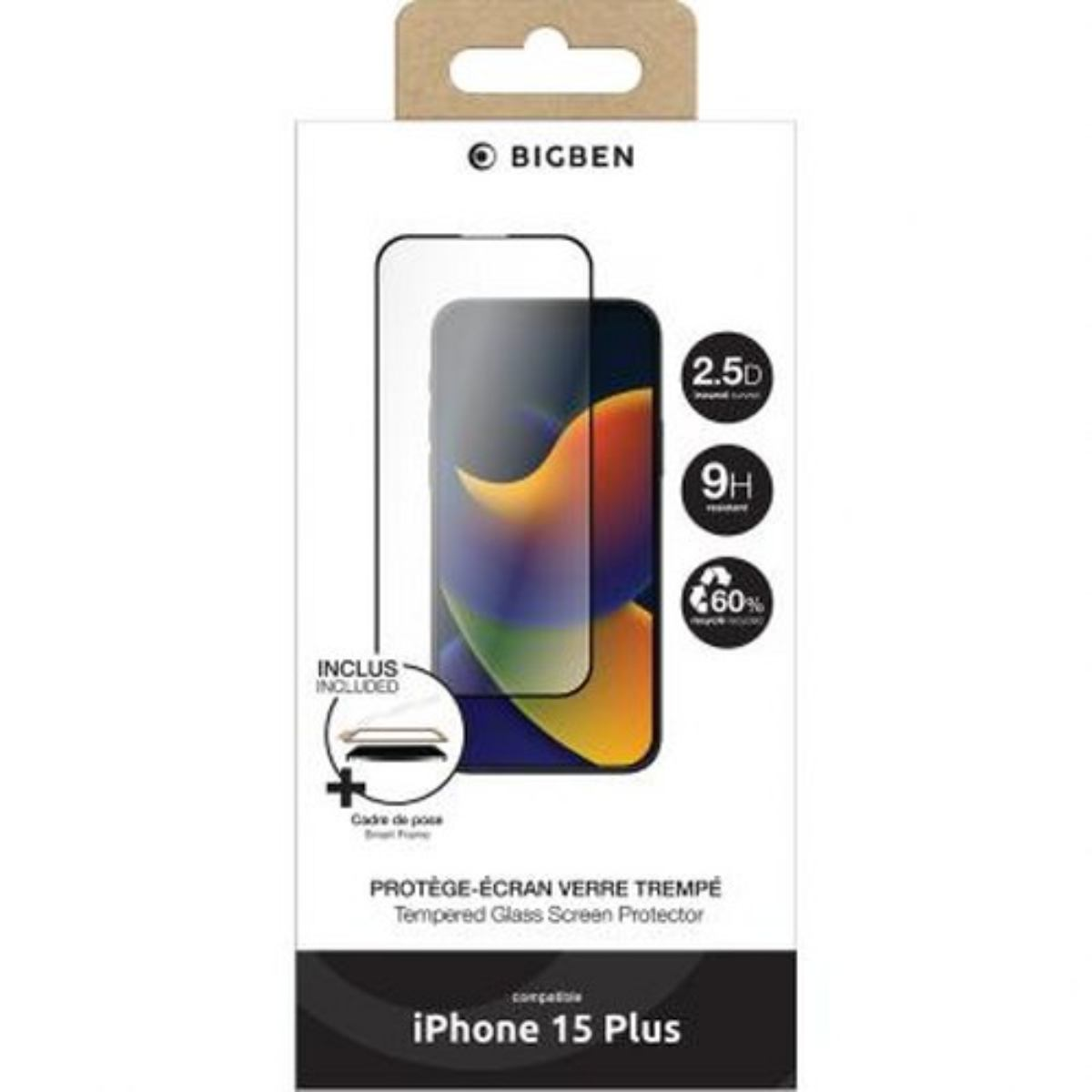 Un proteggi schermo per telefono in una scatola. La scatola ha il logo Bigben. Indica la compatibilità con iPhone 15 Plus.