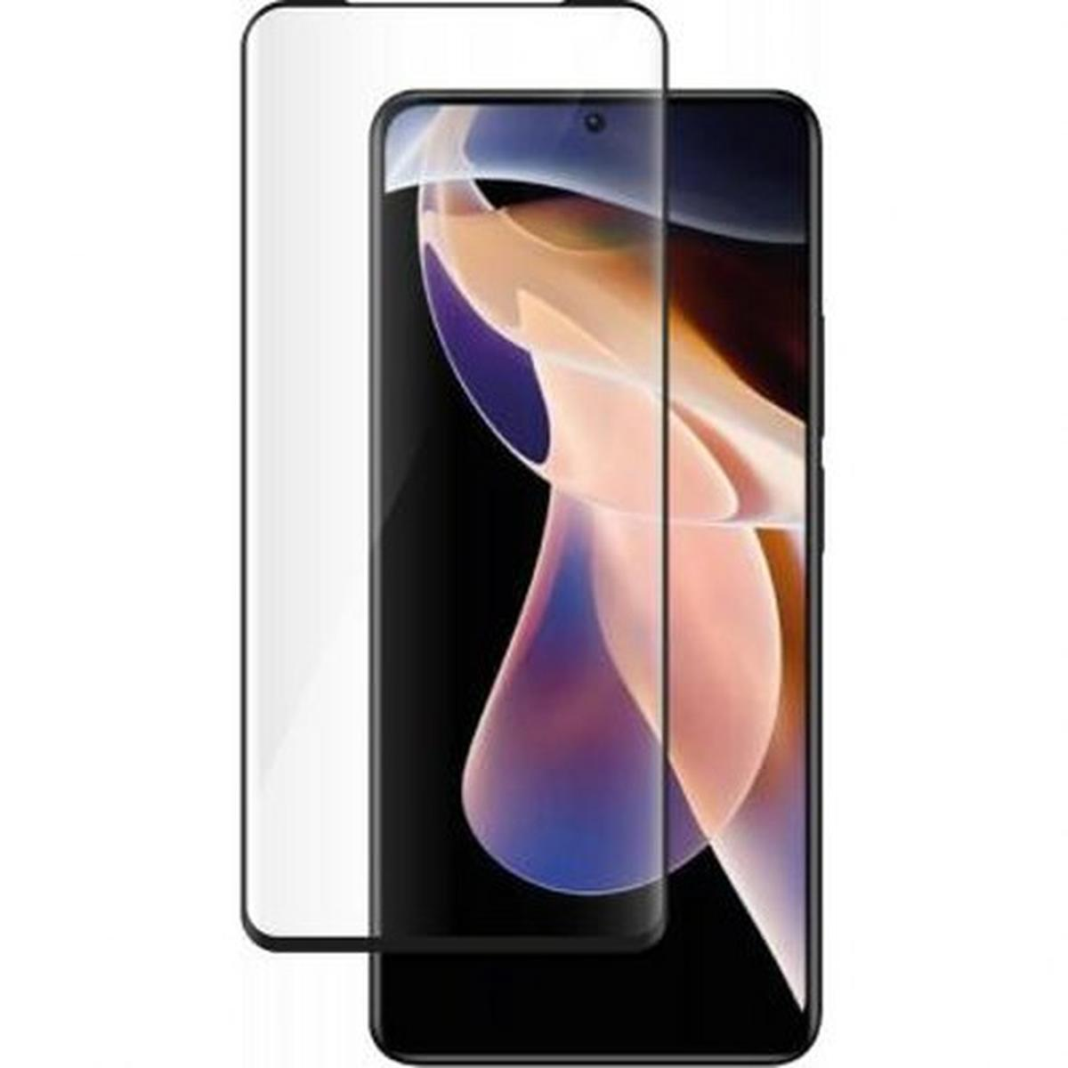 Un proteggi schermo accanto a uno smartphone. Il telefono mostra un'immagine astratta colorata. Il proteggi schermo è trasparente.